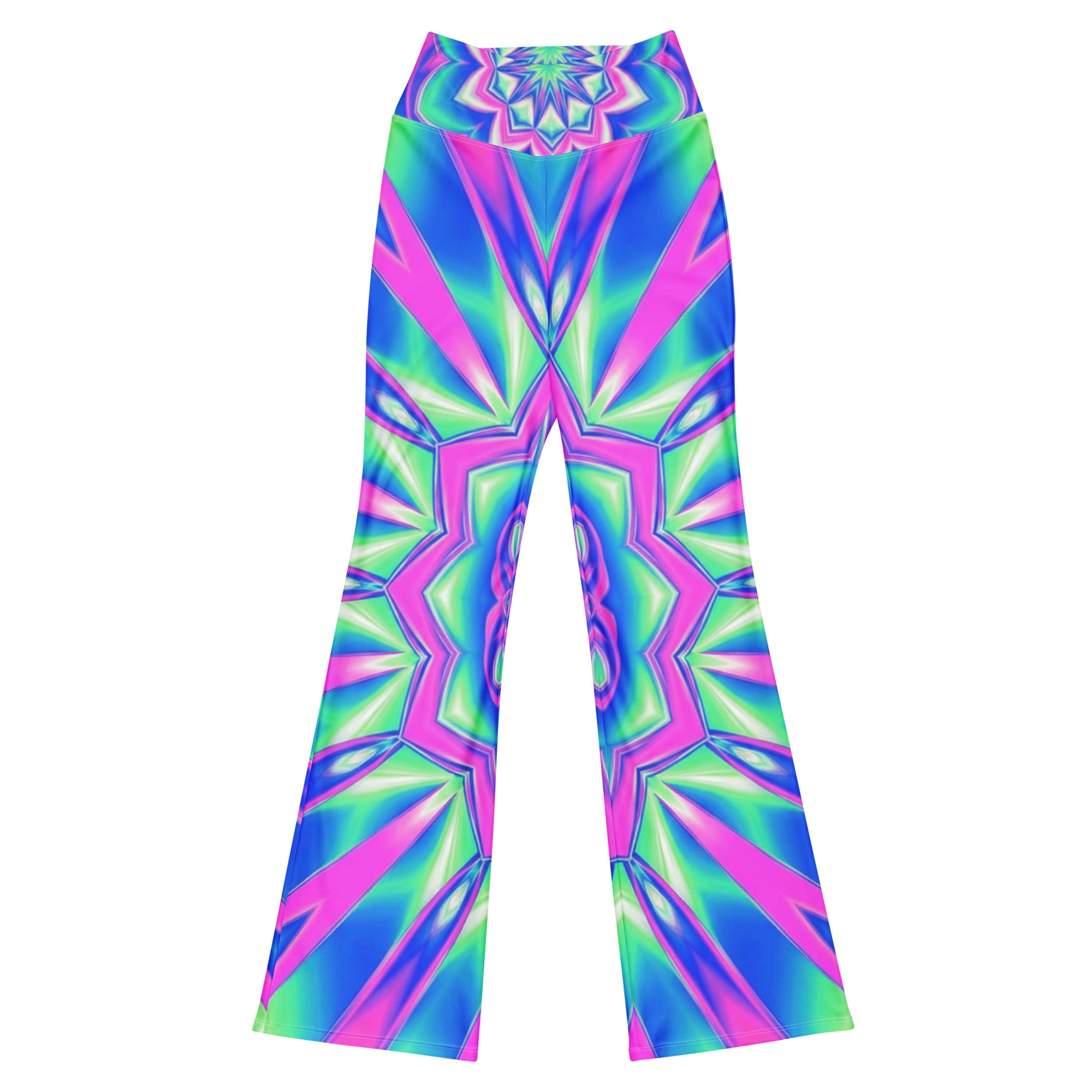 GearBunch Psychedelic Chrome Spectrum Flare Leggings with glowing neon fractal design. Vibrant activewear.