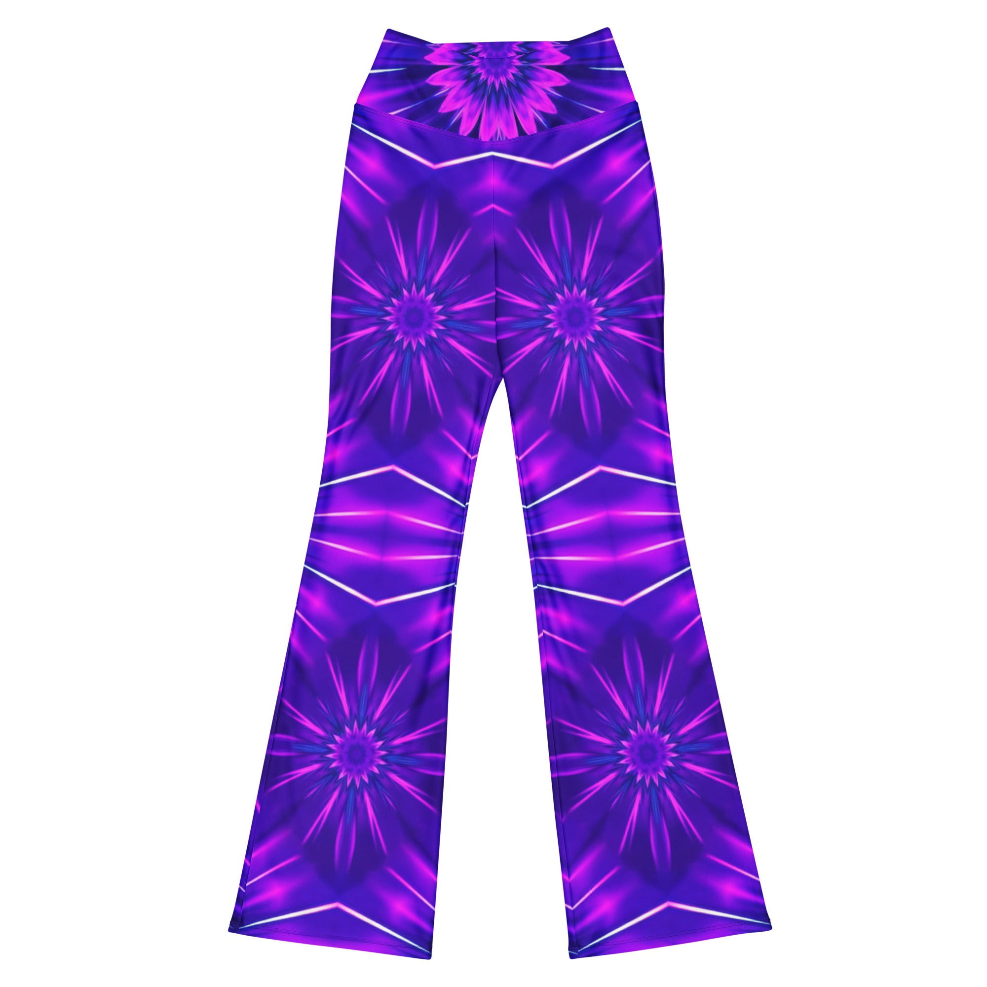Vibrant Psychedelic Cosmic Violet Flare Leggings by GearBunch featuring a neon fractal radial burst design.