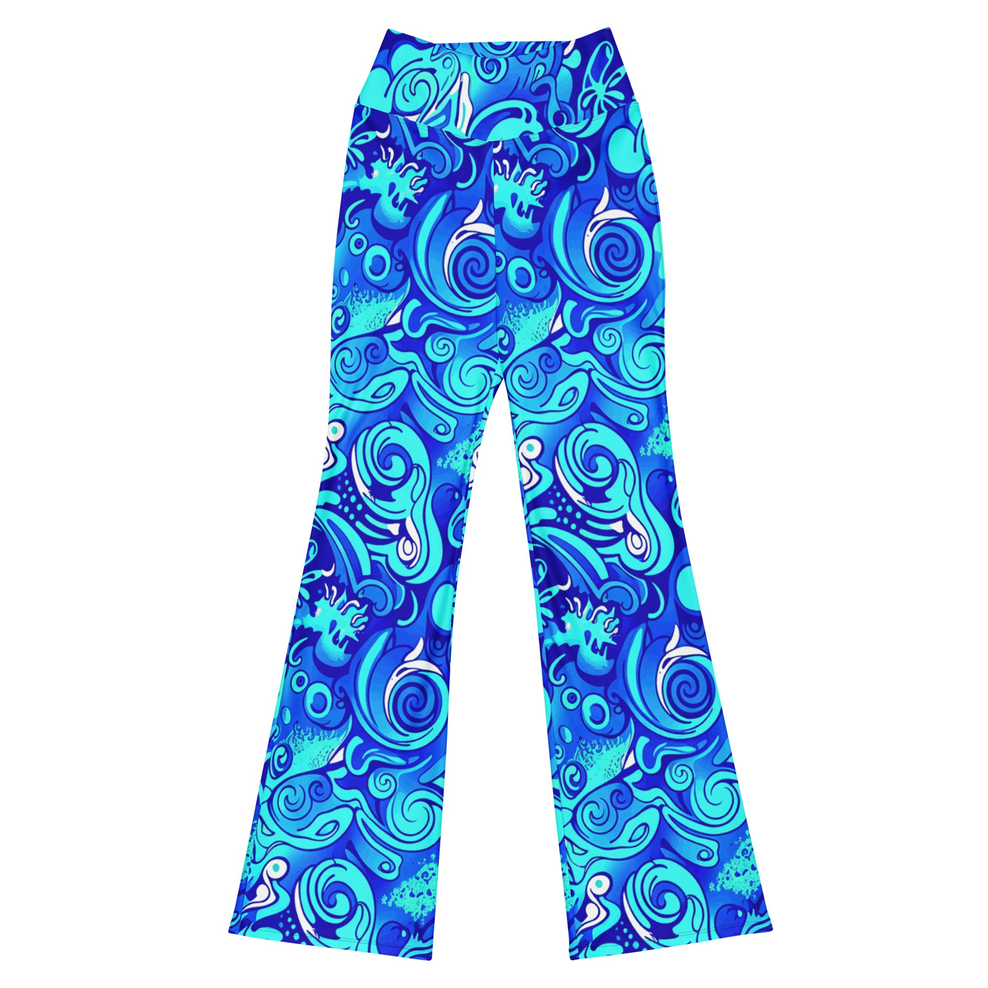 Main image of women's Psychedelic Electric Ocean Flare Leggings from GearBunch, showcasing vibrant electric blue, teal, and aqua radial design.