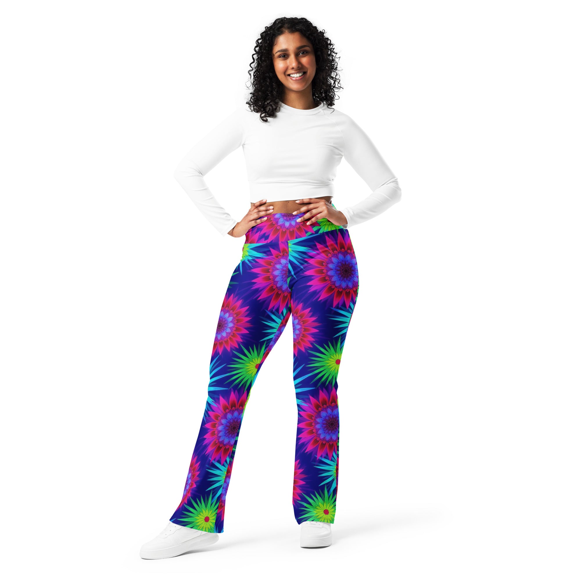 Psychedelic Neon Rainbow Burst Flare Leggings | GearBunch