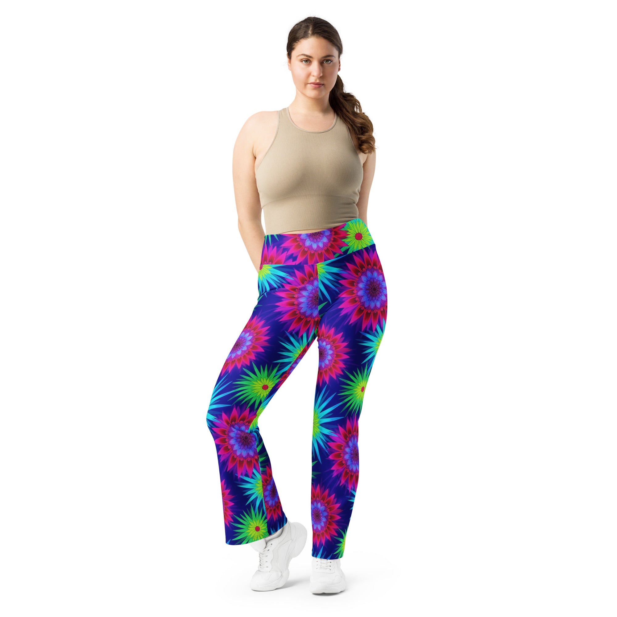 Psychedelic Neon Rainbow Burst Flare Leggings | GearBunch