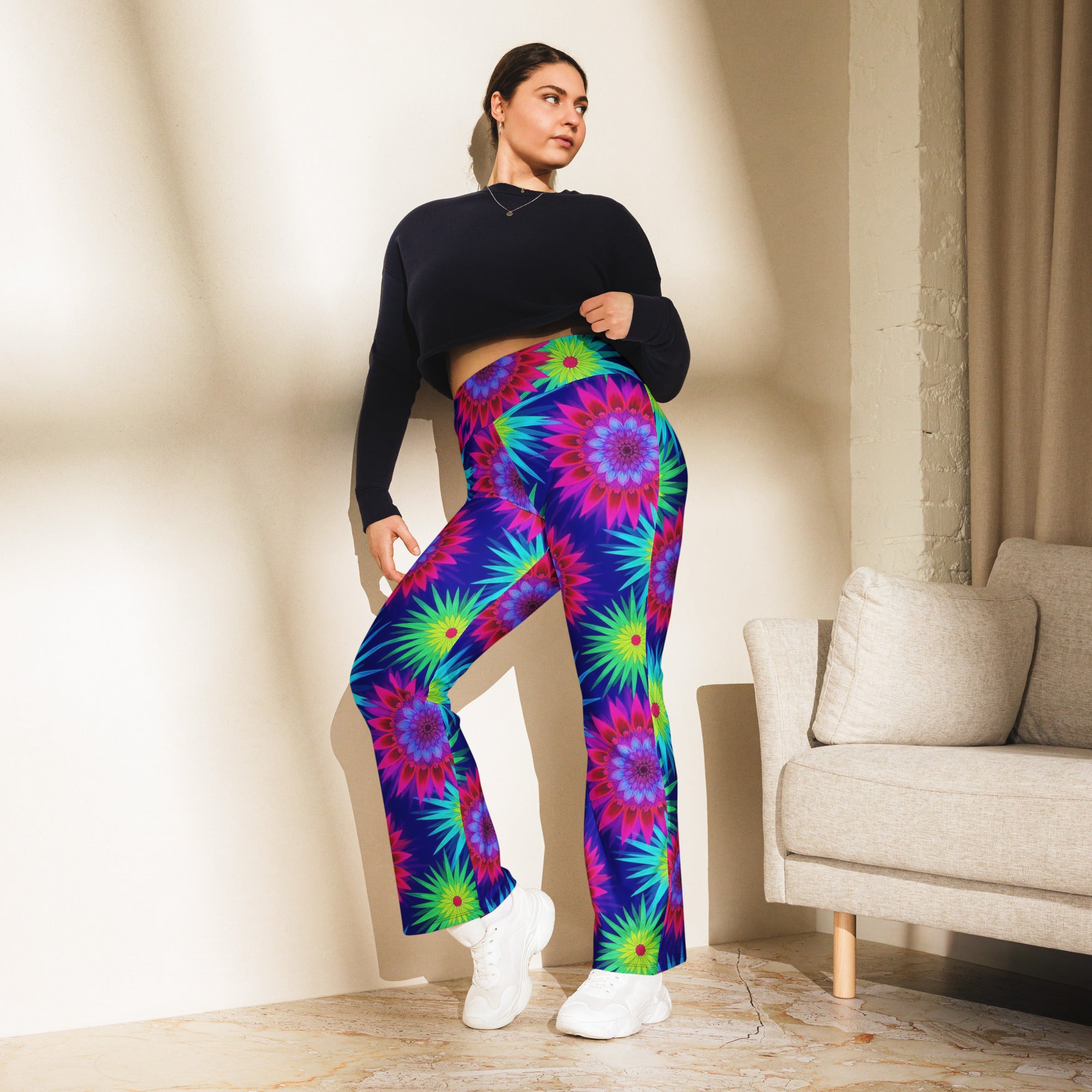 Psychedelic Neon Rainbow Burst Flare Leggings | GearBunch