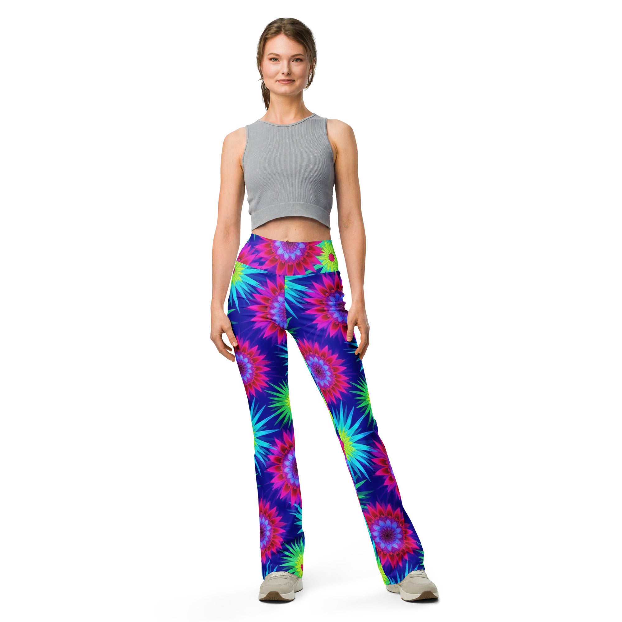 Psychedelic Neon Rainbow Burst Flare Leggings | GearBunch