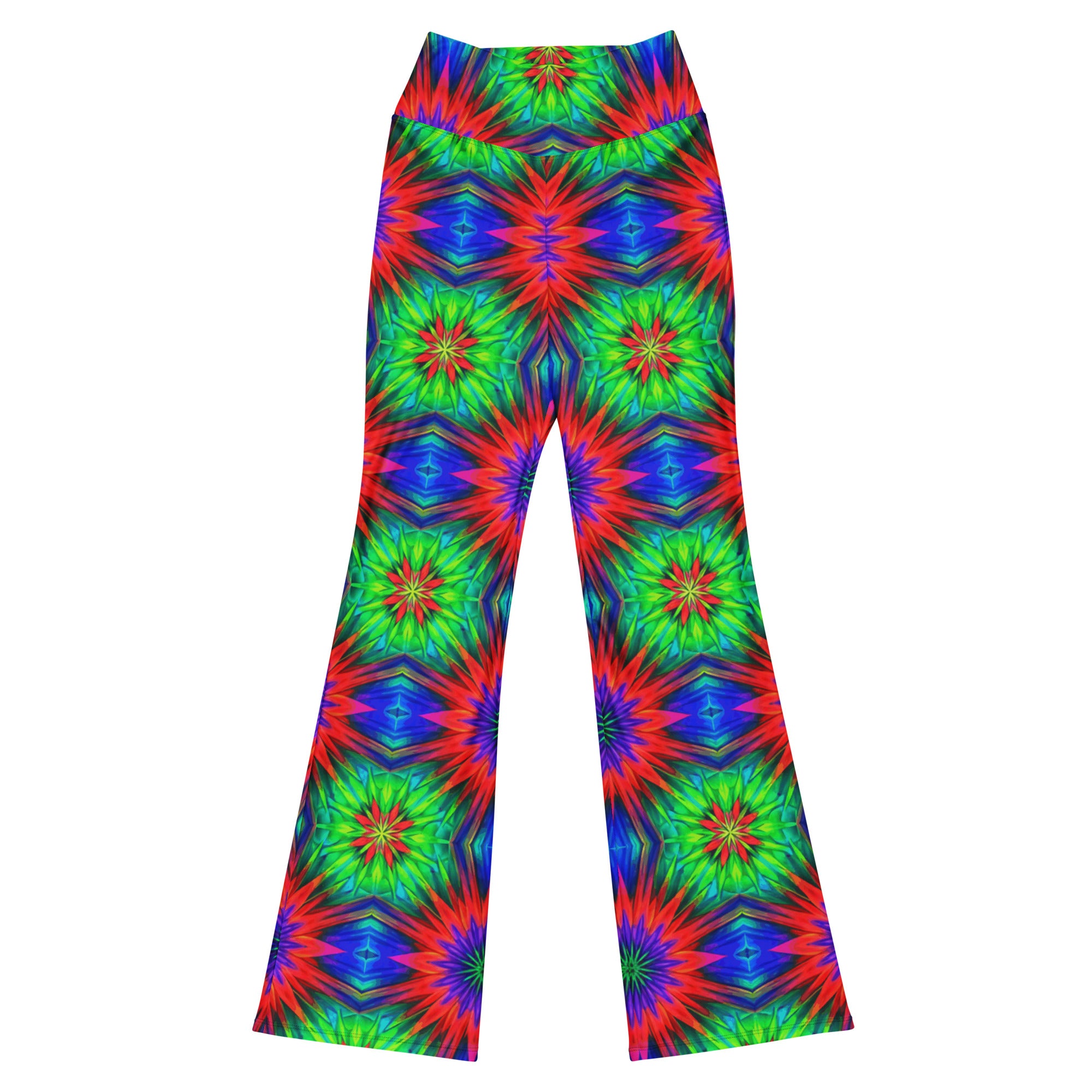 Full-length GearBunch Psychedelic Starburst Prism Flare Leggings. Ultra-vibrant neon colors burst in a dazzling pattern.