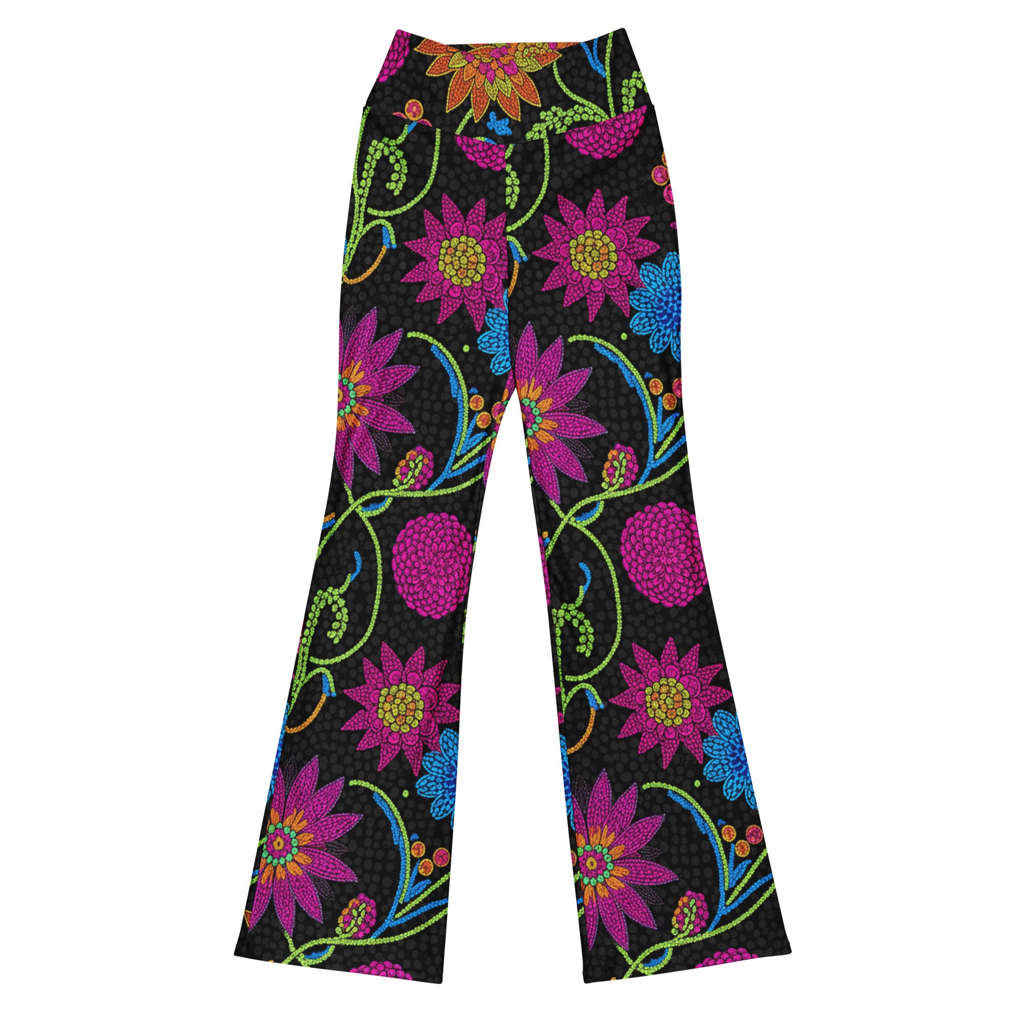 GearBunch Rainbow Paillette Botanical Flare Leggings featuring lush, vibrant floral patterns on a dark background.