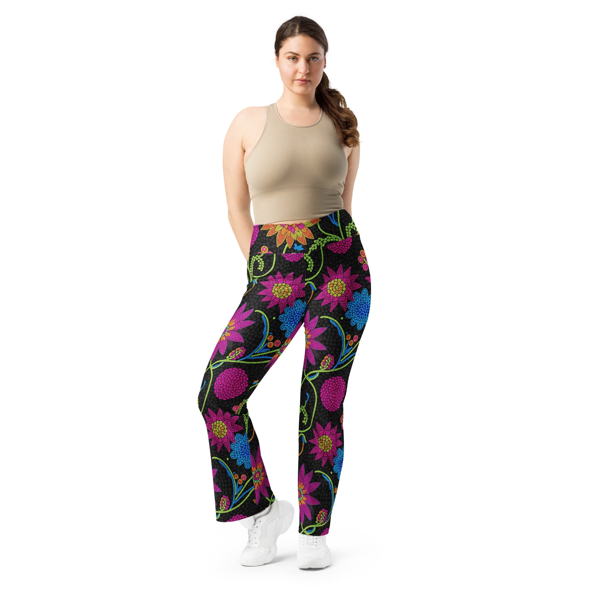 Rainbow Paillette Botanical Flare Leggings | GearBunch