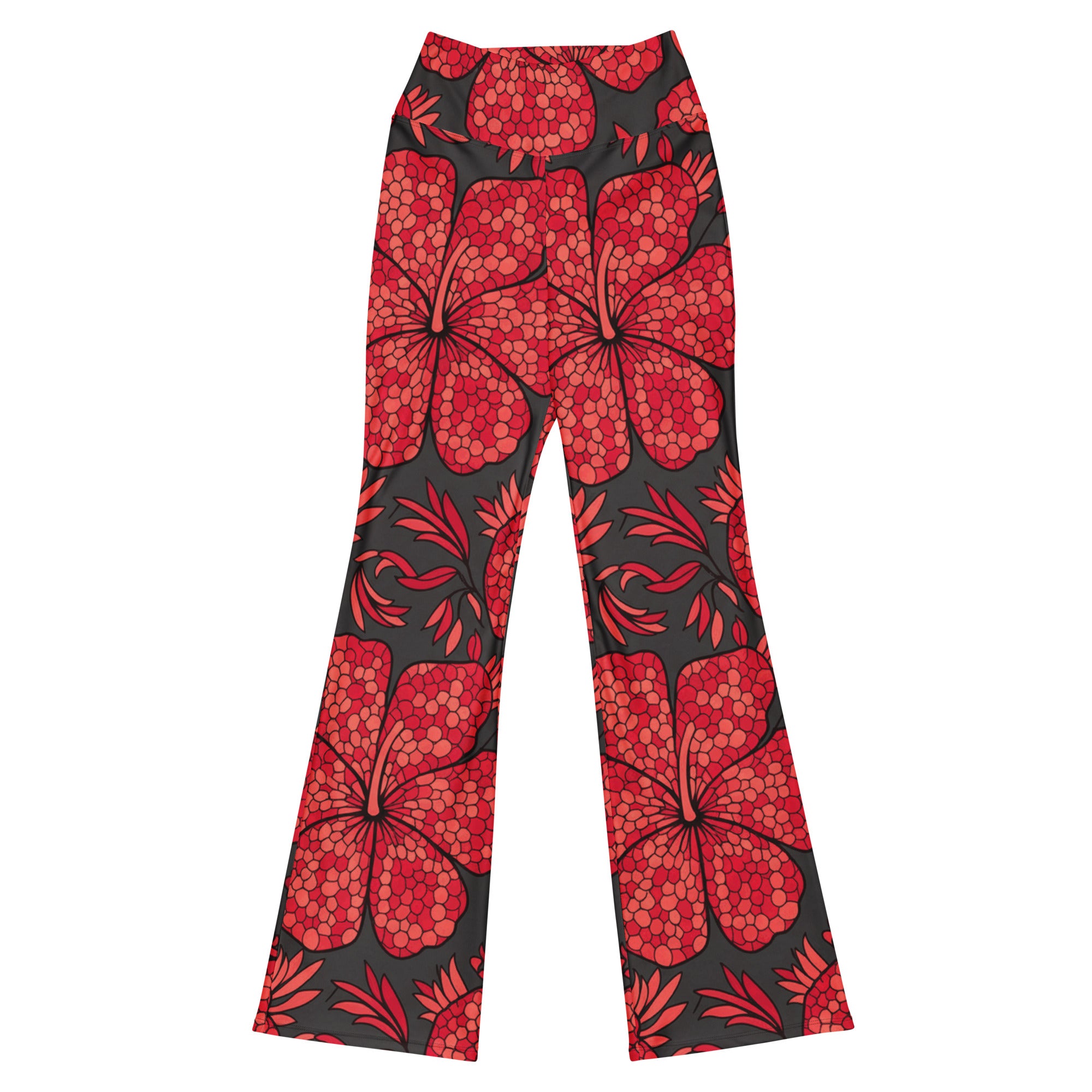Main image of Scarlet Paillette Hibiscus Flare Leggings by GearBunch, featuring bold red tropical floral print.