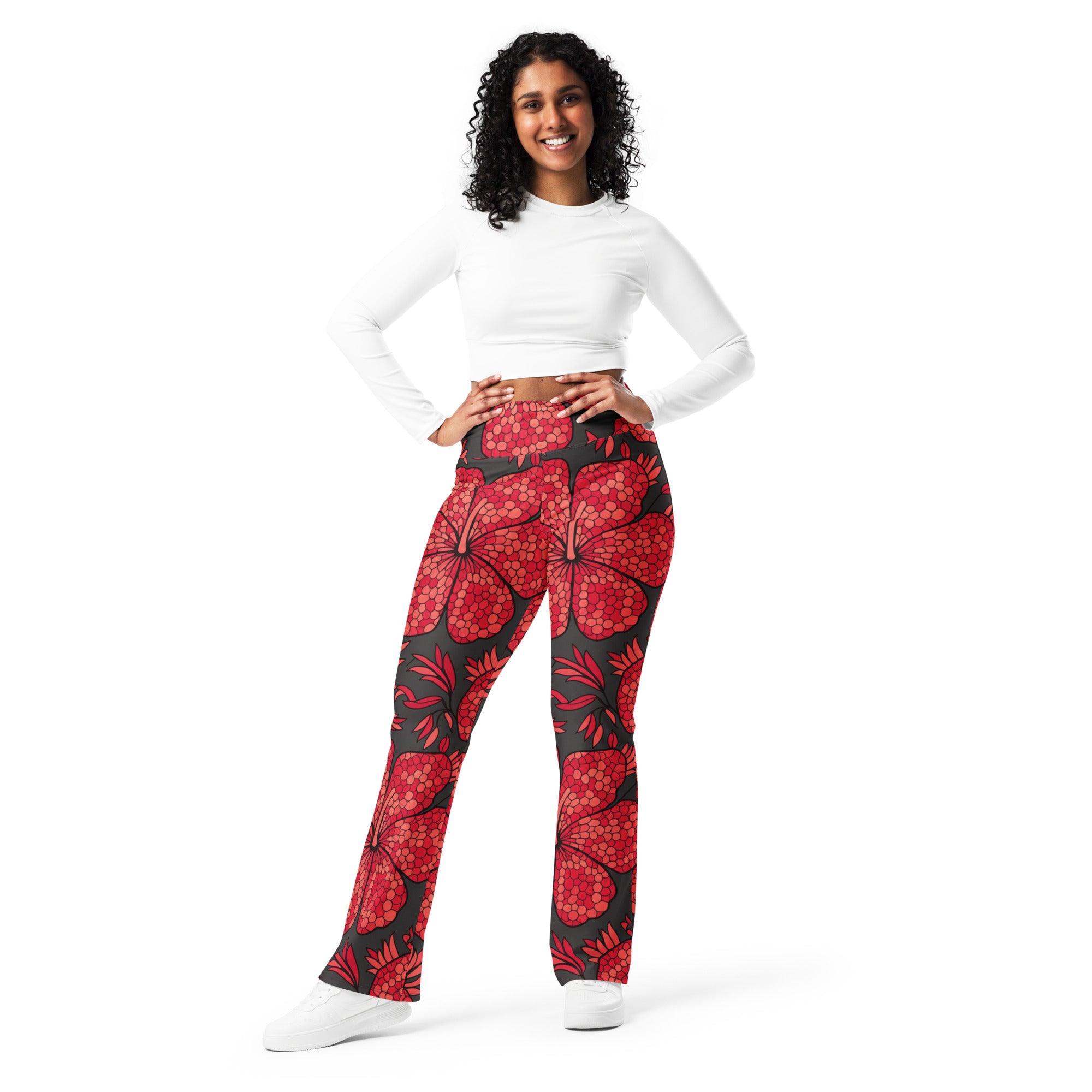 Scarlet Paillette Hibiscus Flare Leggings | GearBunch