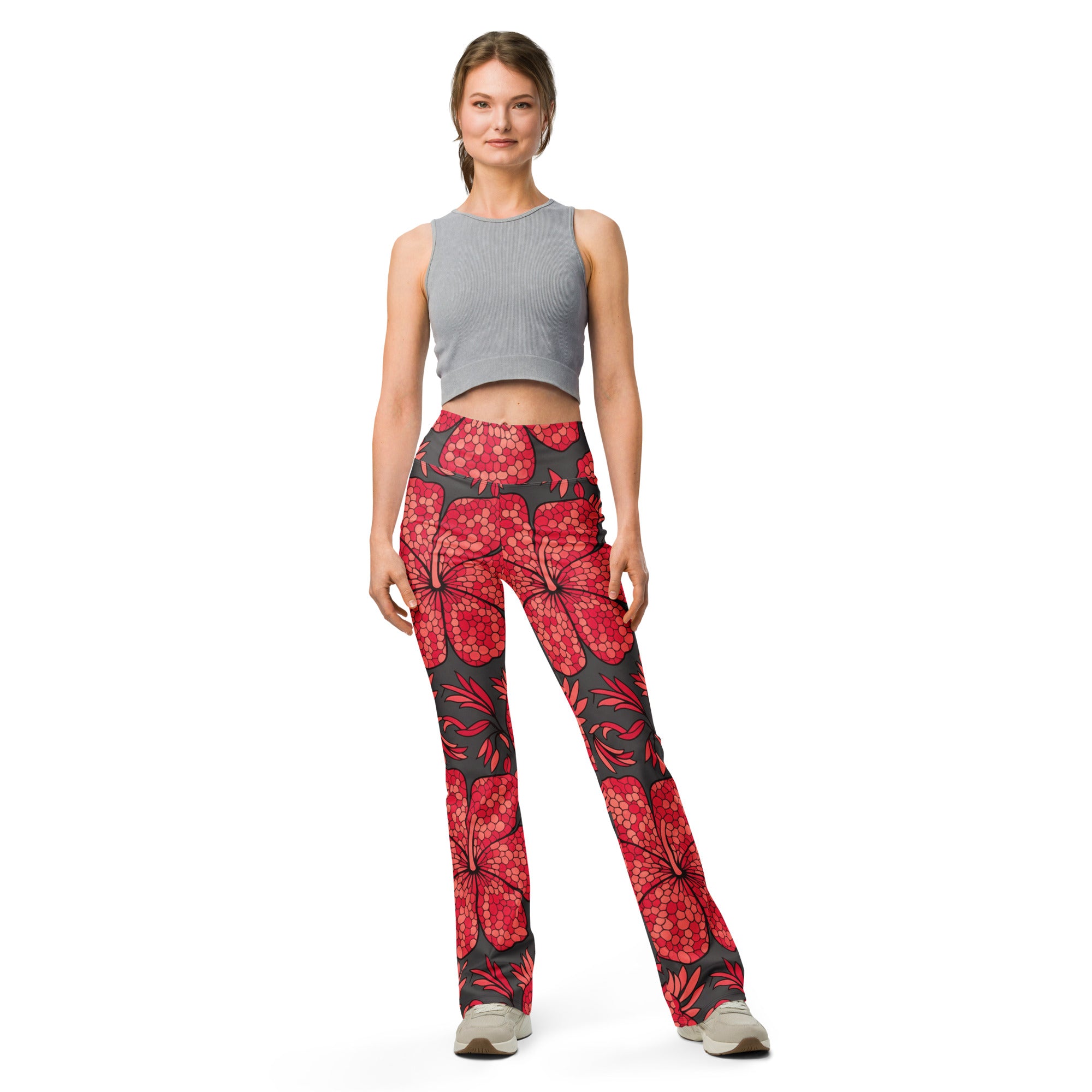 Scarlet Paillette Hibiscus Flare Leggings | GearBunch
