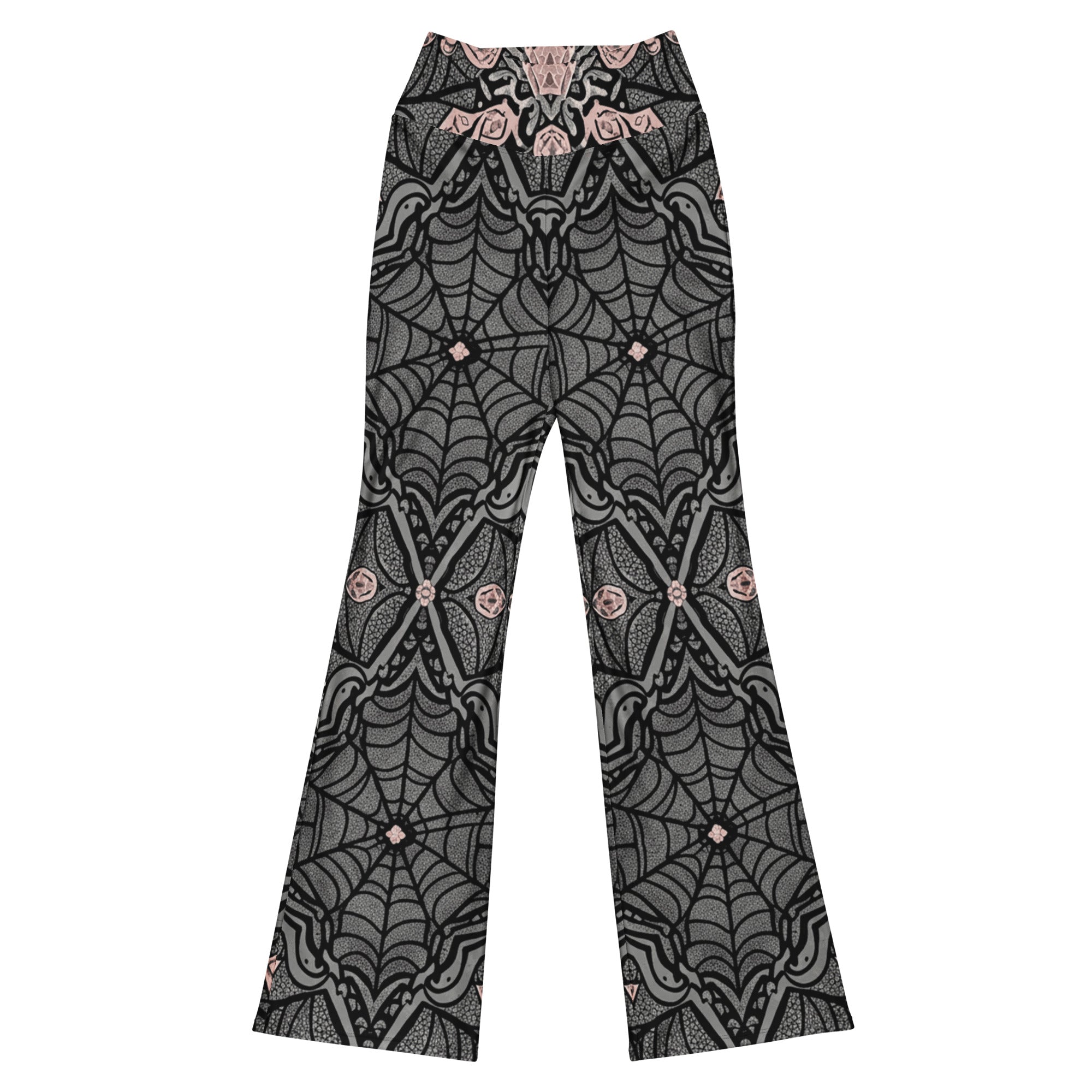 Model wearing intricate Spider Web Lace Flare Leggings from GearBunch. Dynamic print in jet black, smoke grey, and dusty rose.