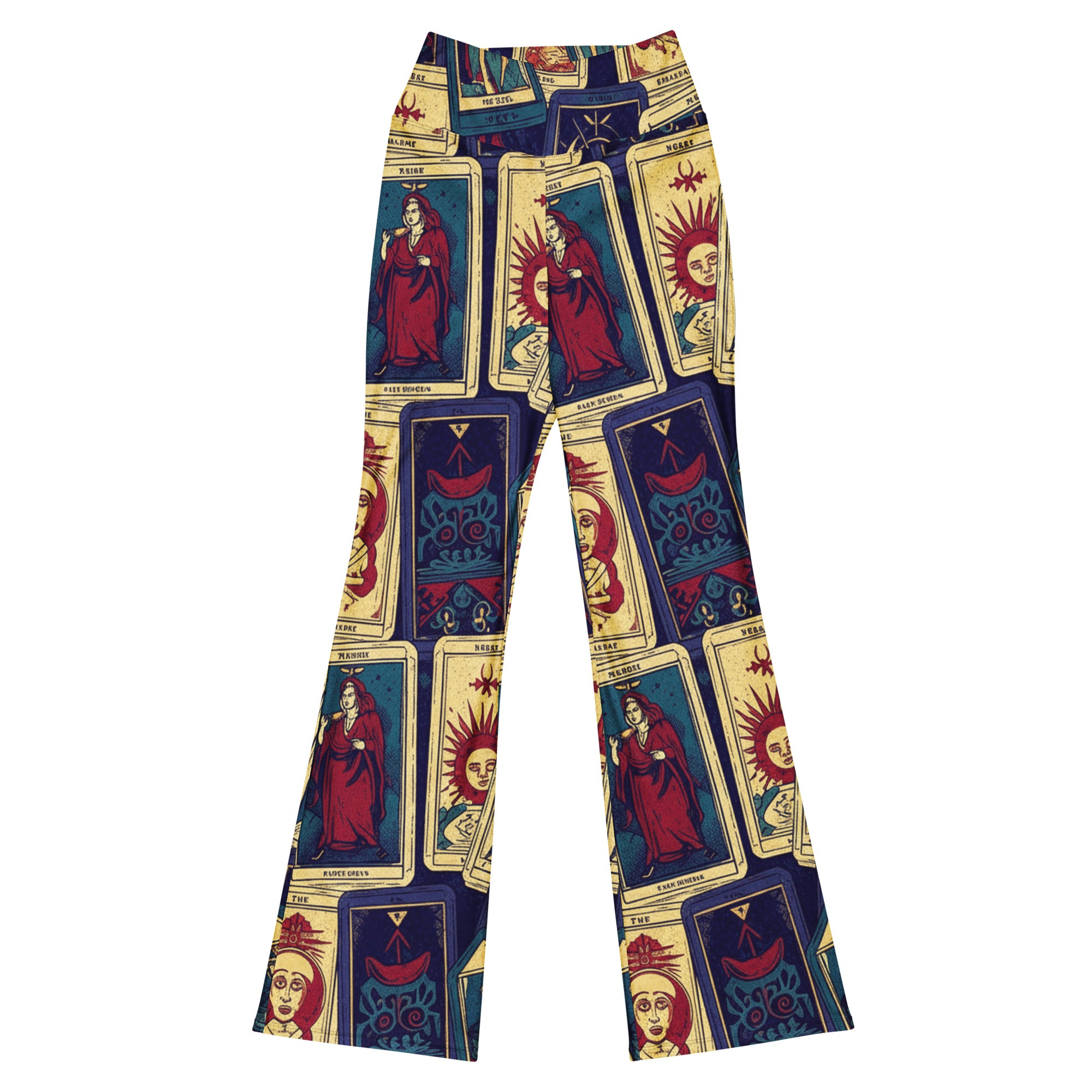 Tarot Card Major Arcana Flare Leggings by GearBunch, featuring mystic indigo, gold, and blood red patterns.
