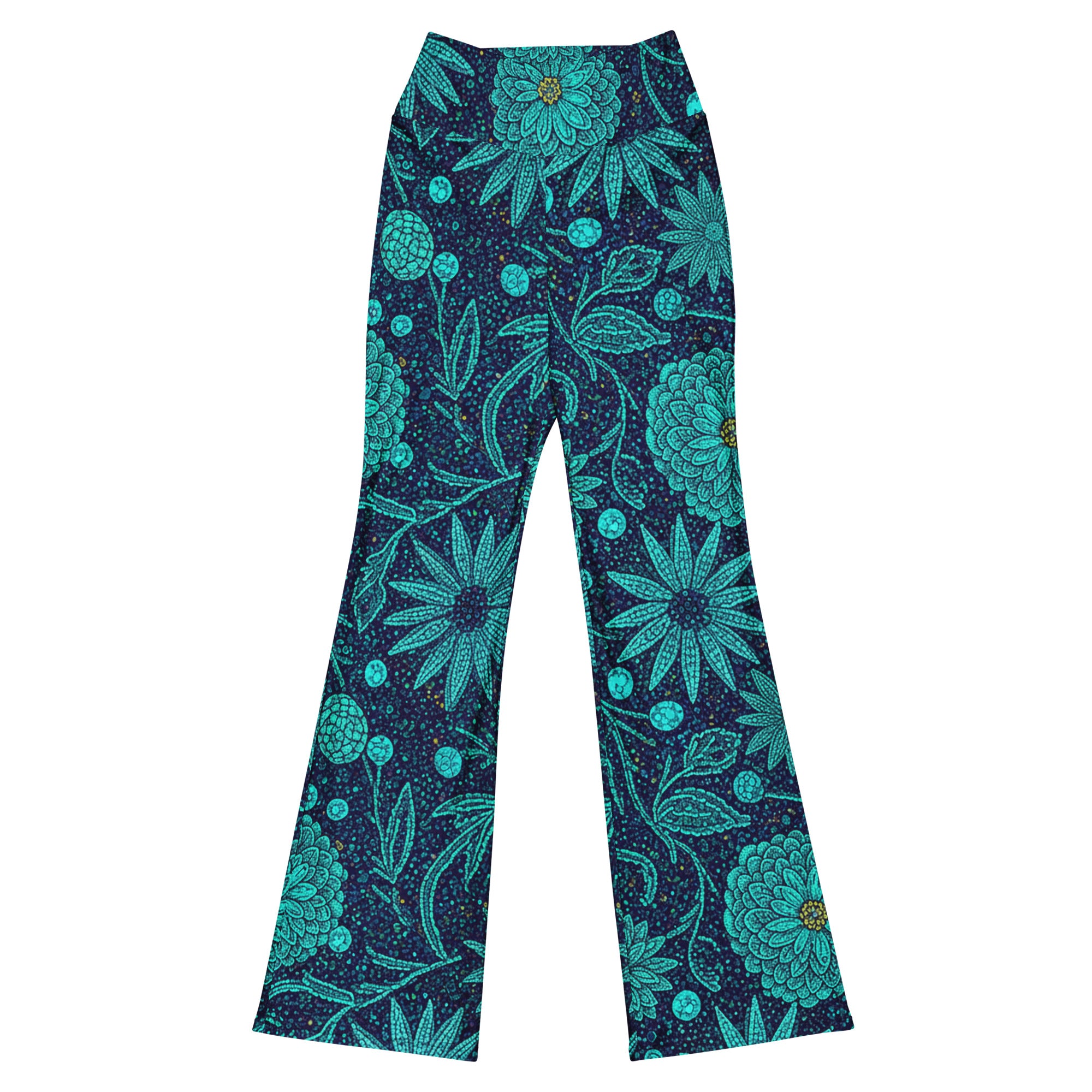 Teal Paillette Lotus Garden Flare Leggings from GearBunch with lush teal and gold beaded floral pattern on a dark navy background.