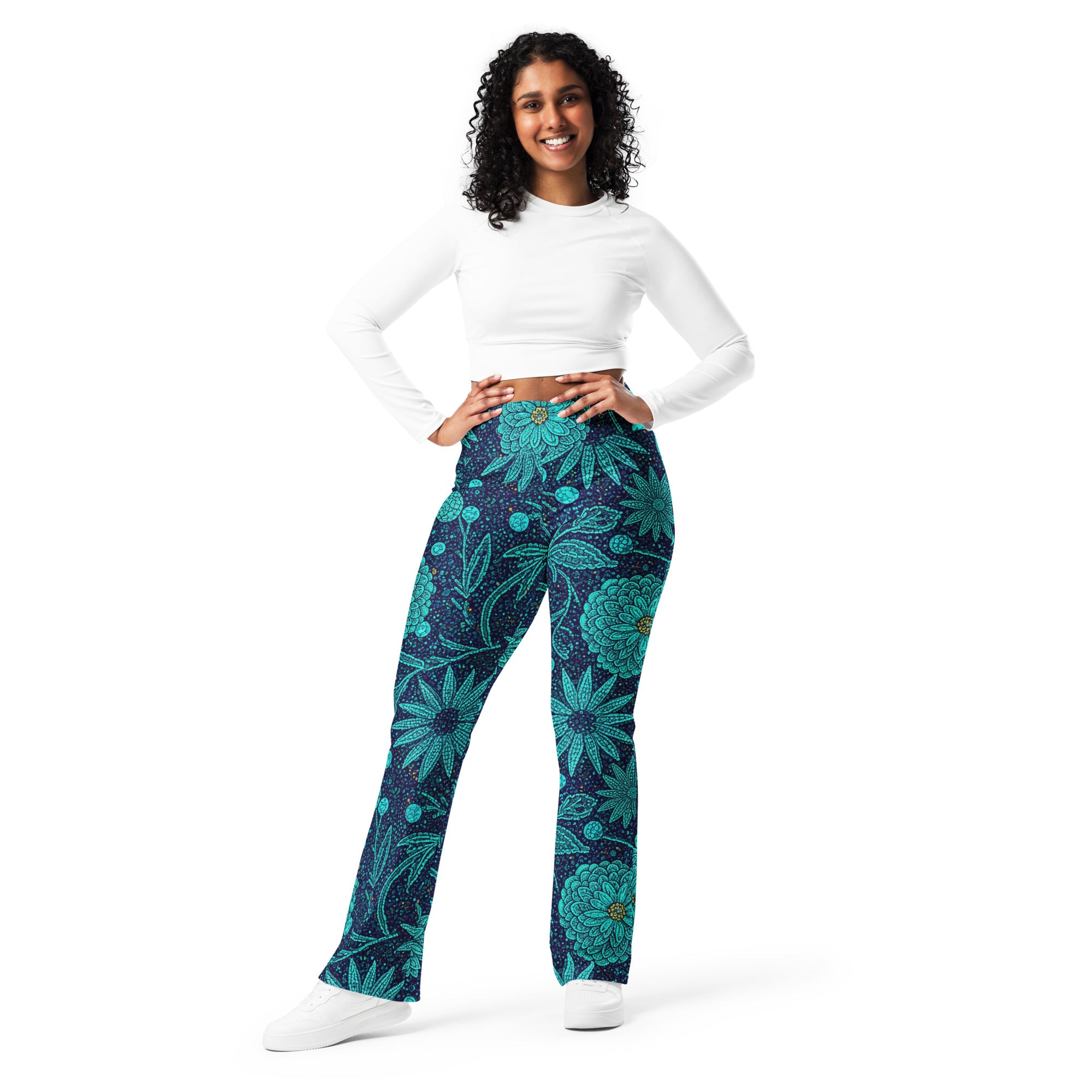 Teal Paillette Lotus Garden Flare Leggings | GearBunch