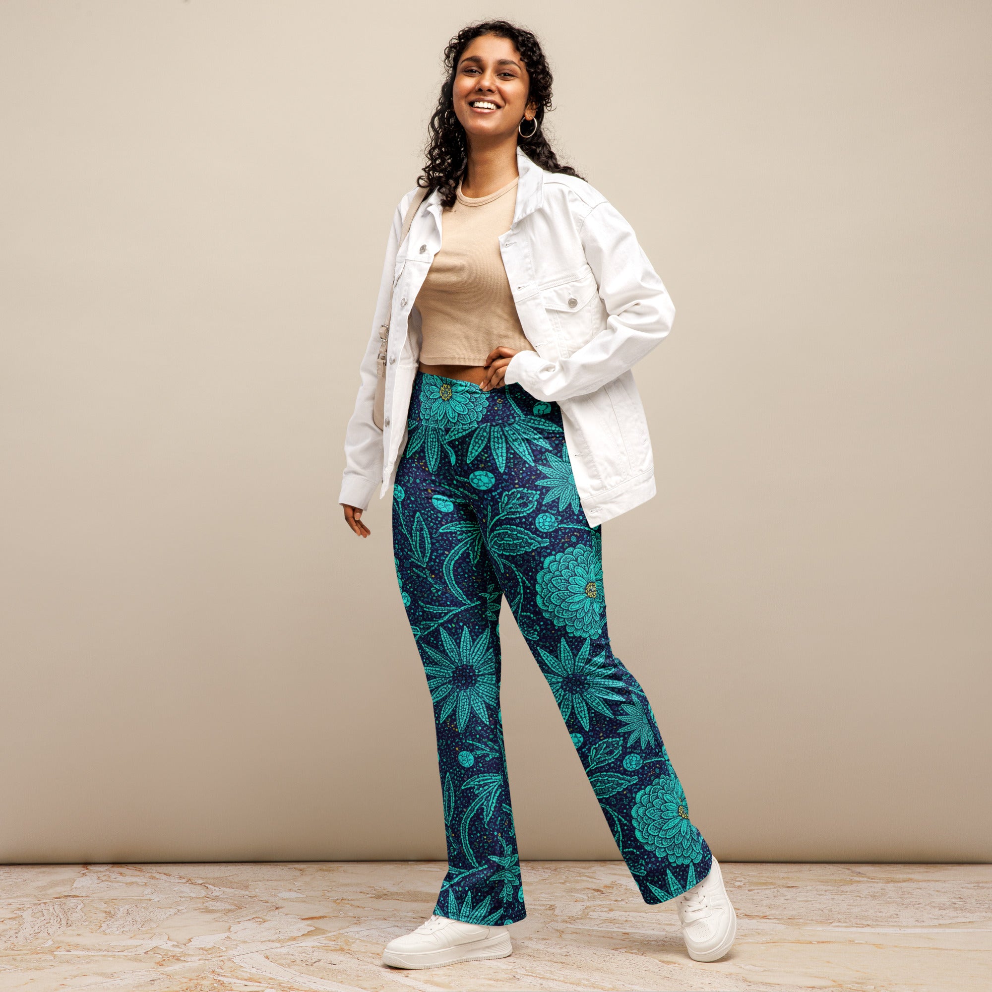 Teal Paillette Lotus Garden Flare Leggings | GearBunch