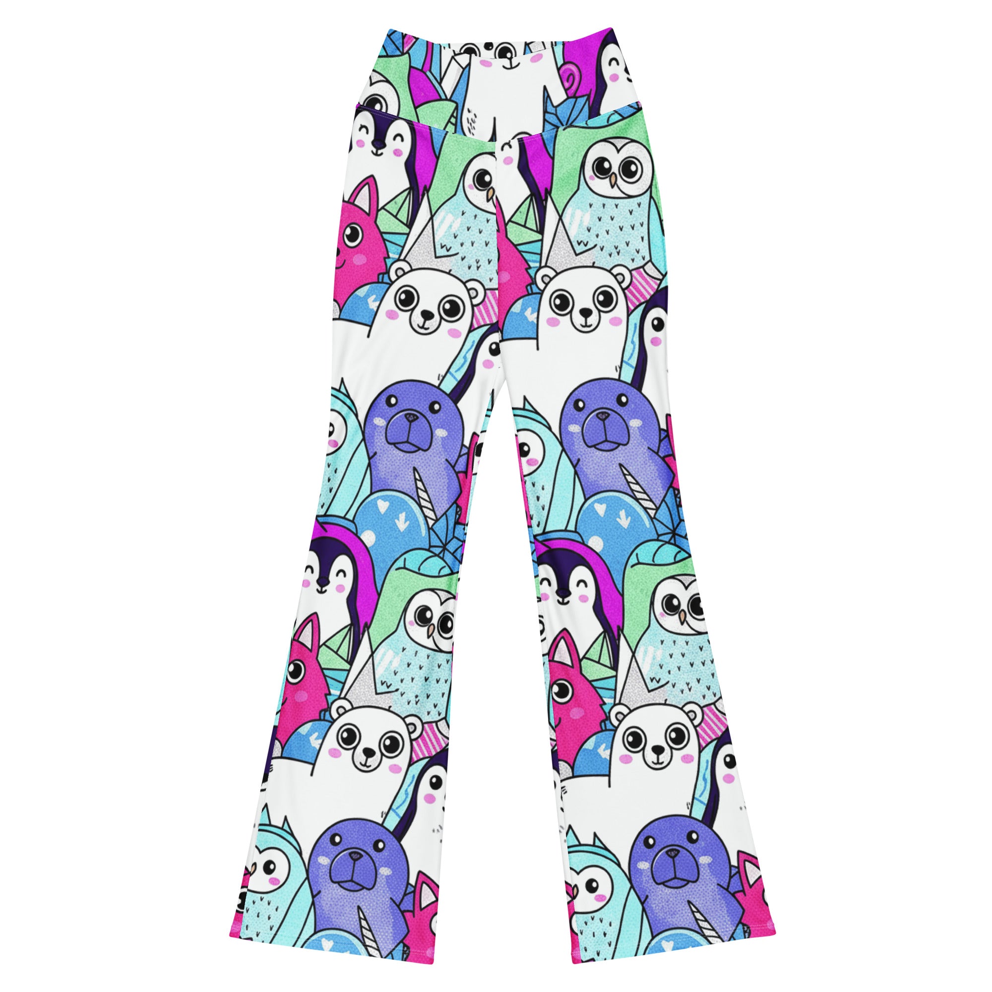 Vibrant Arctic Friends Flare Leggings by GearBunch, featuring cute polar bears, penguins, and arctic foxes in icy blues and vivid pinks.