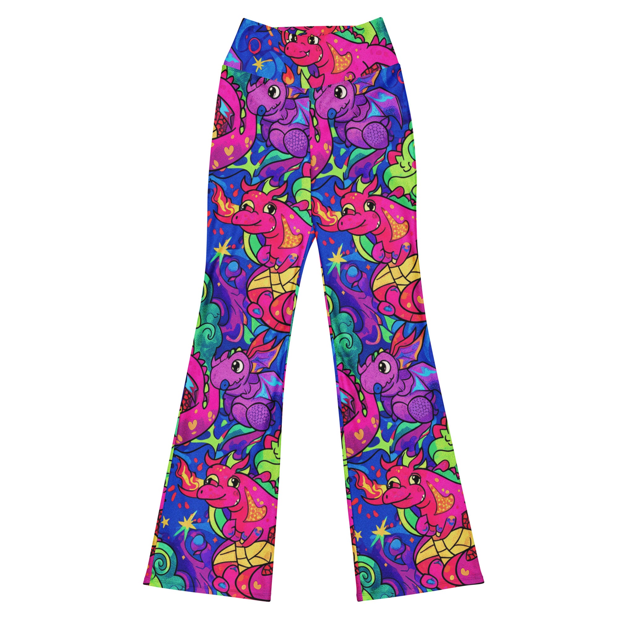 Main image of GearBunch Vibrant Dragon Fantasy Flare Leggings, showing vivid dragons in electric violet, emerald green, and fiery red.