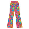 Main image of model wearing GearBunch Vibrant Flamingo Flock Flare Leggings, showcasing pink flamingos and a vibrant, colourful design.