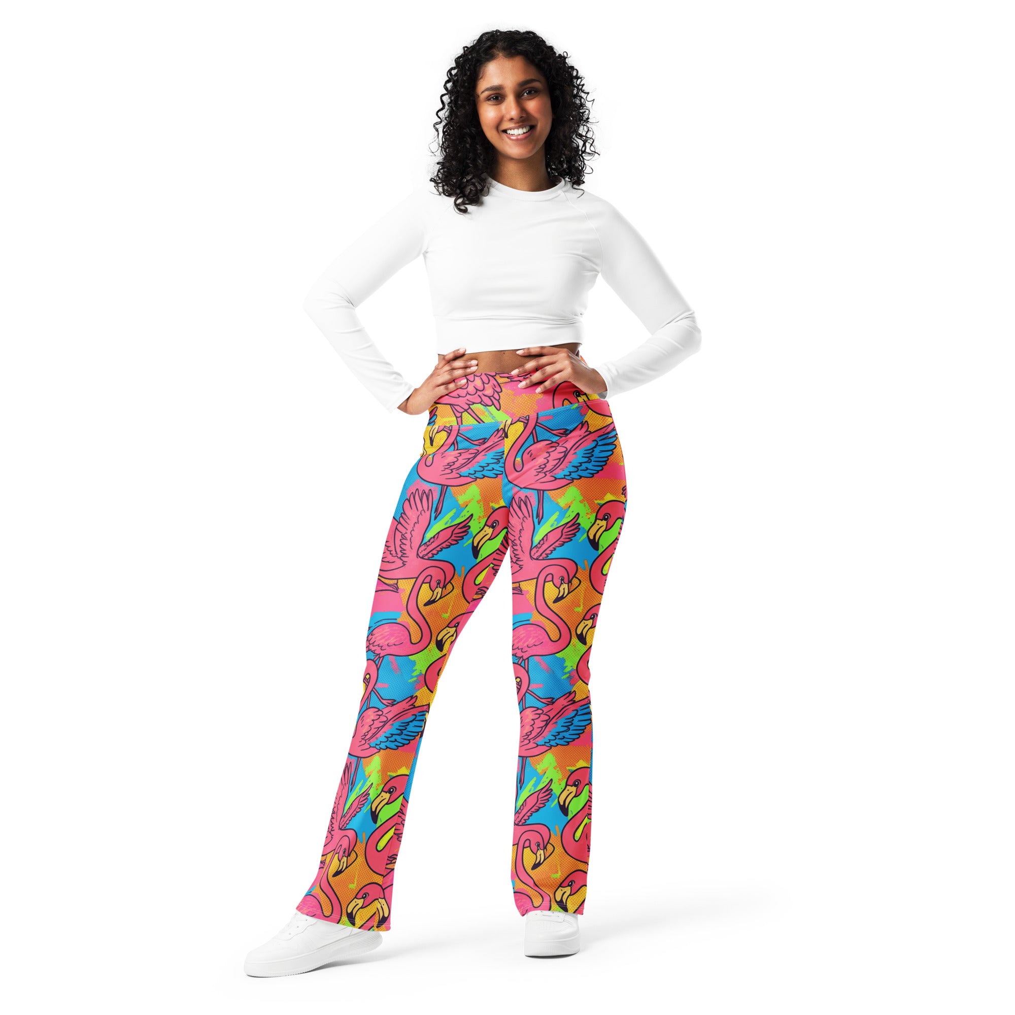 Vibrant Flamingo Flock Flare Leggings | GearBunch