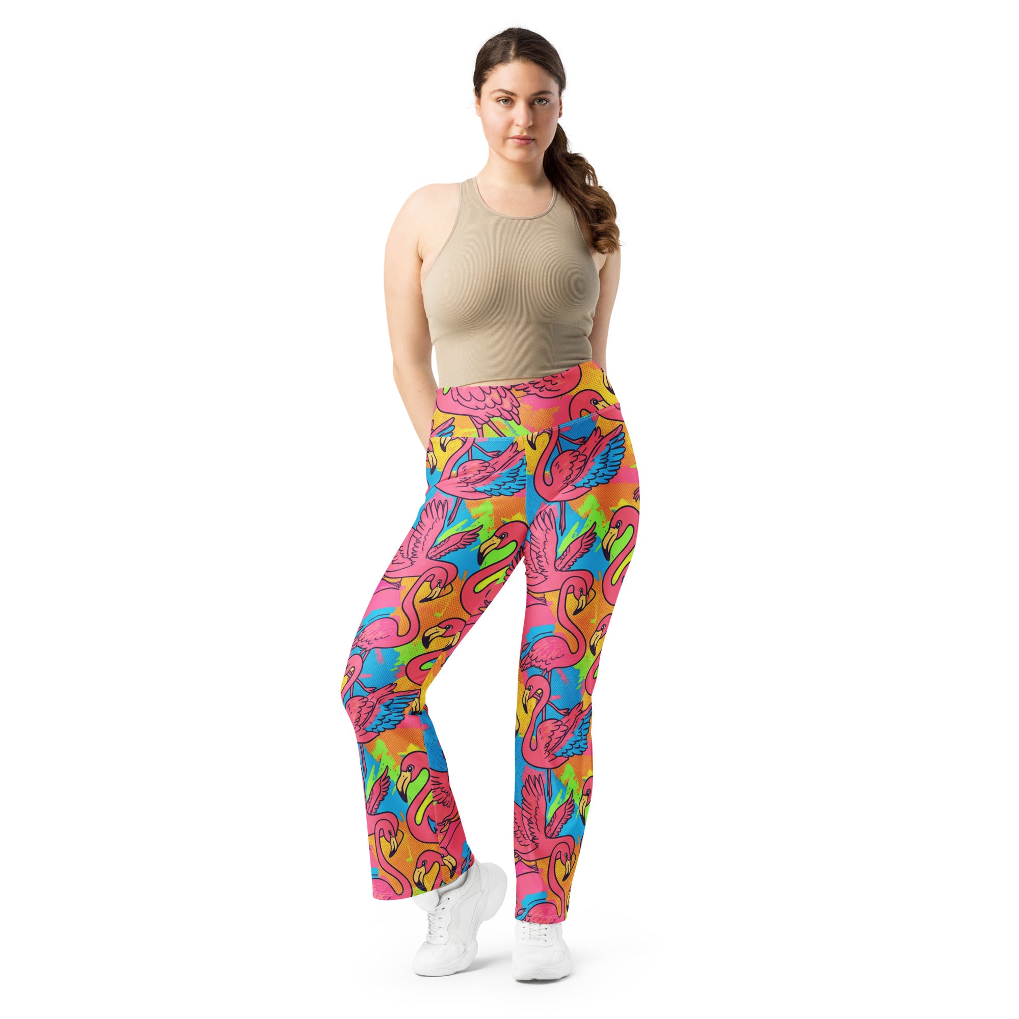 Vibrant Flamingo Flock Flare Leggings | GearBunch