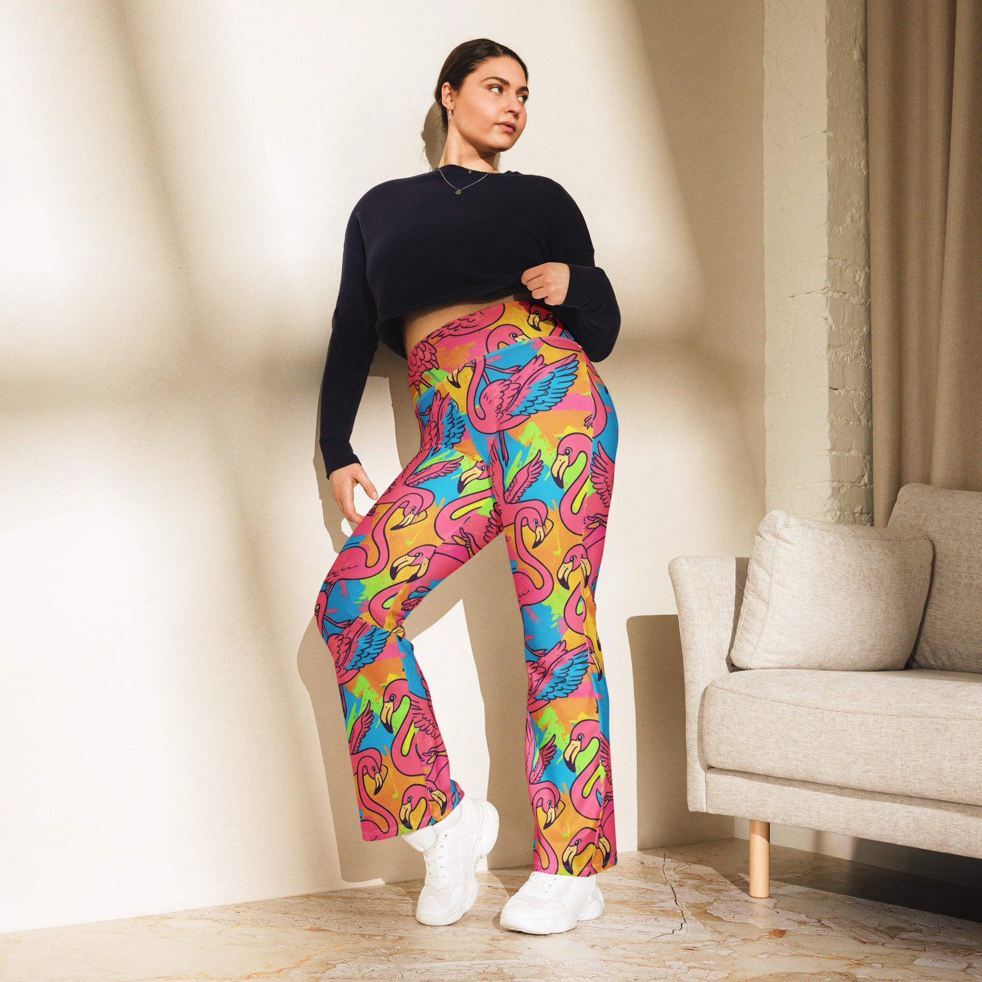 Vibrant Flamingo Flock Flare Leggings | GearBunch