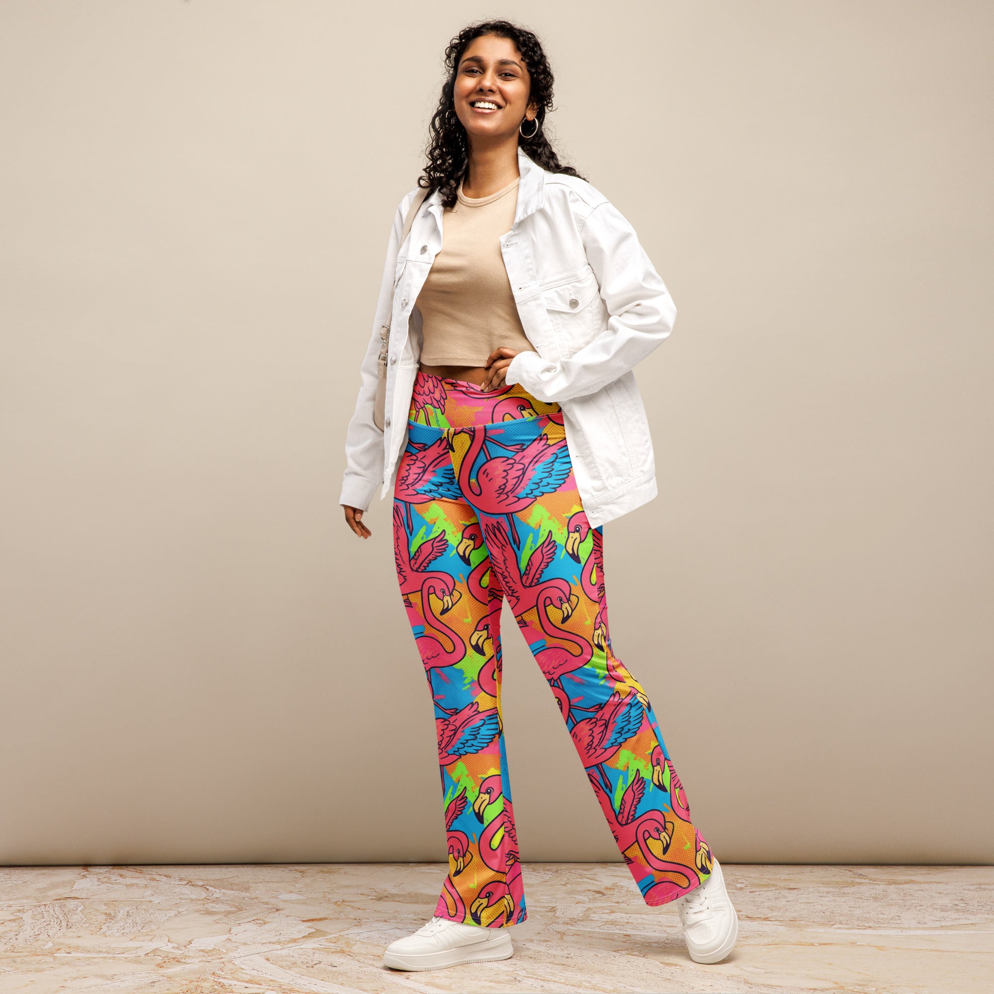 Vibrant Flamingo Flock Flare Leggings | GearBunch