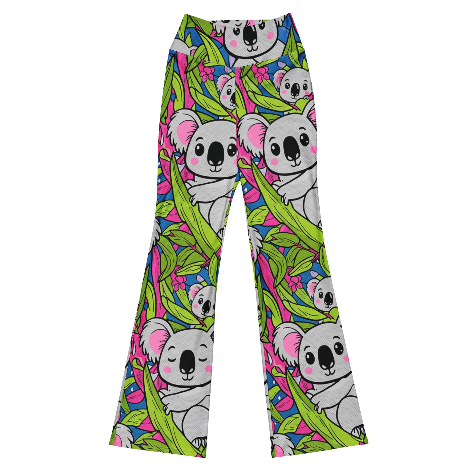 Vibrant Koala and Friends Flare Leggings by GearBunch, showing cute koalas and eucalyptus leaves in slate grey, vibrant pink, and sky blue.