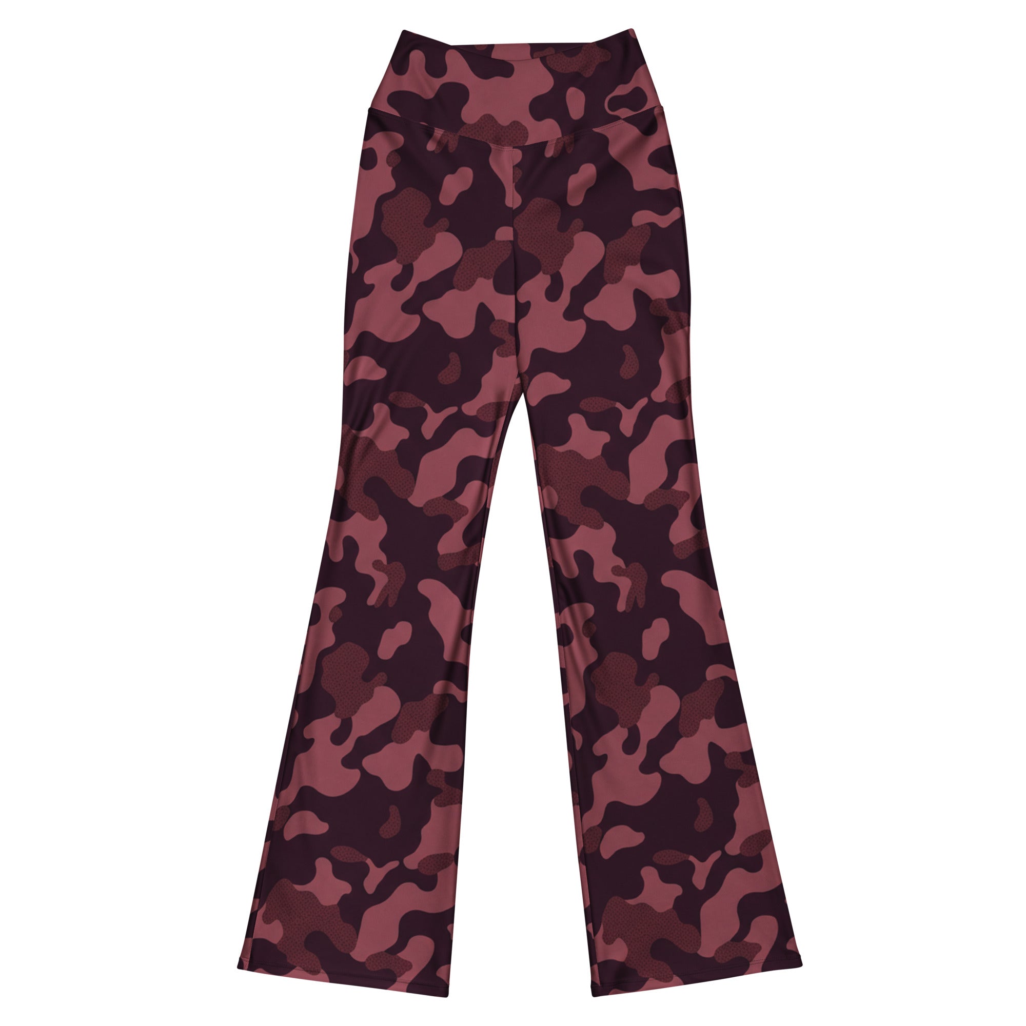 Close-up of Wine Burgundy Camo Flare Leggings by GearBunch, featuring rich maroon and plum tones.