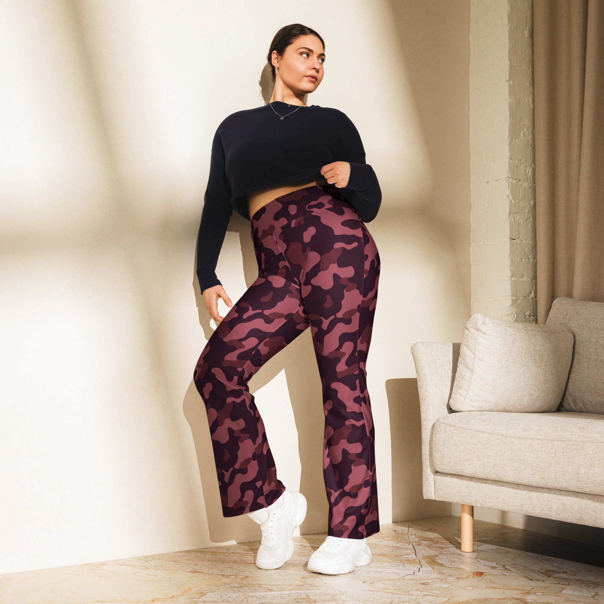 Wine Burgundy Camo Flare Leggings | GearBunch