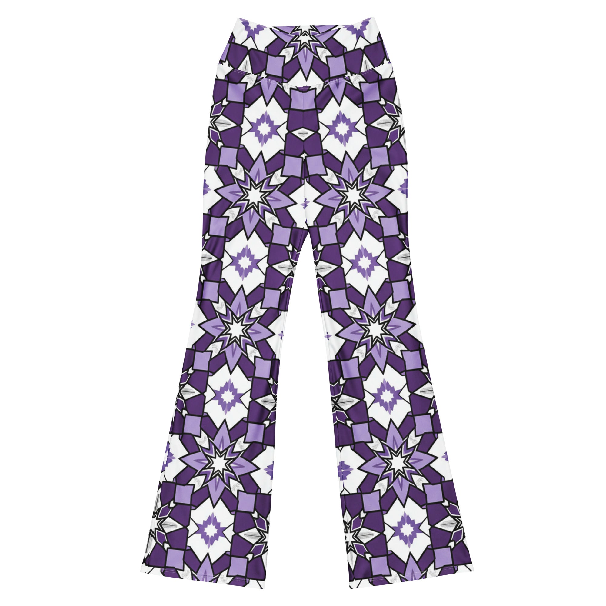GearBunch Zellige Amethyst Flare Leggings showcasing a deep purple, lavender, silver, white, and black intricate geometric tile pattern.