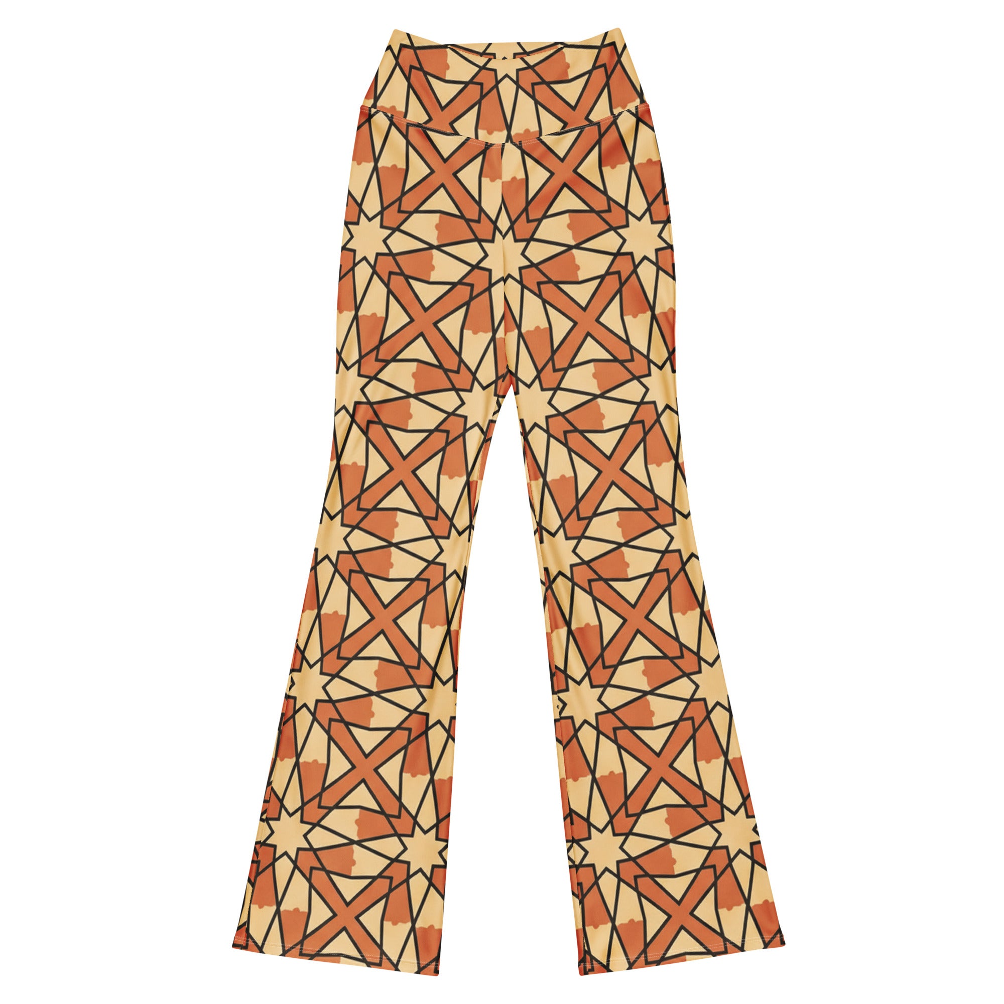 Zellige Desert Sand Flare Leggings for women, intricate geometric patterns in warm sand and terracotta hues, by GearBunch.