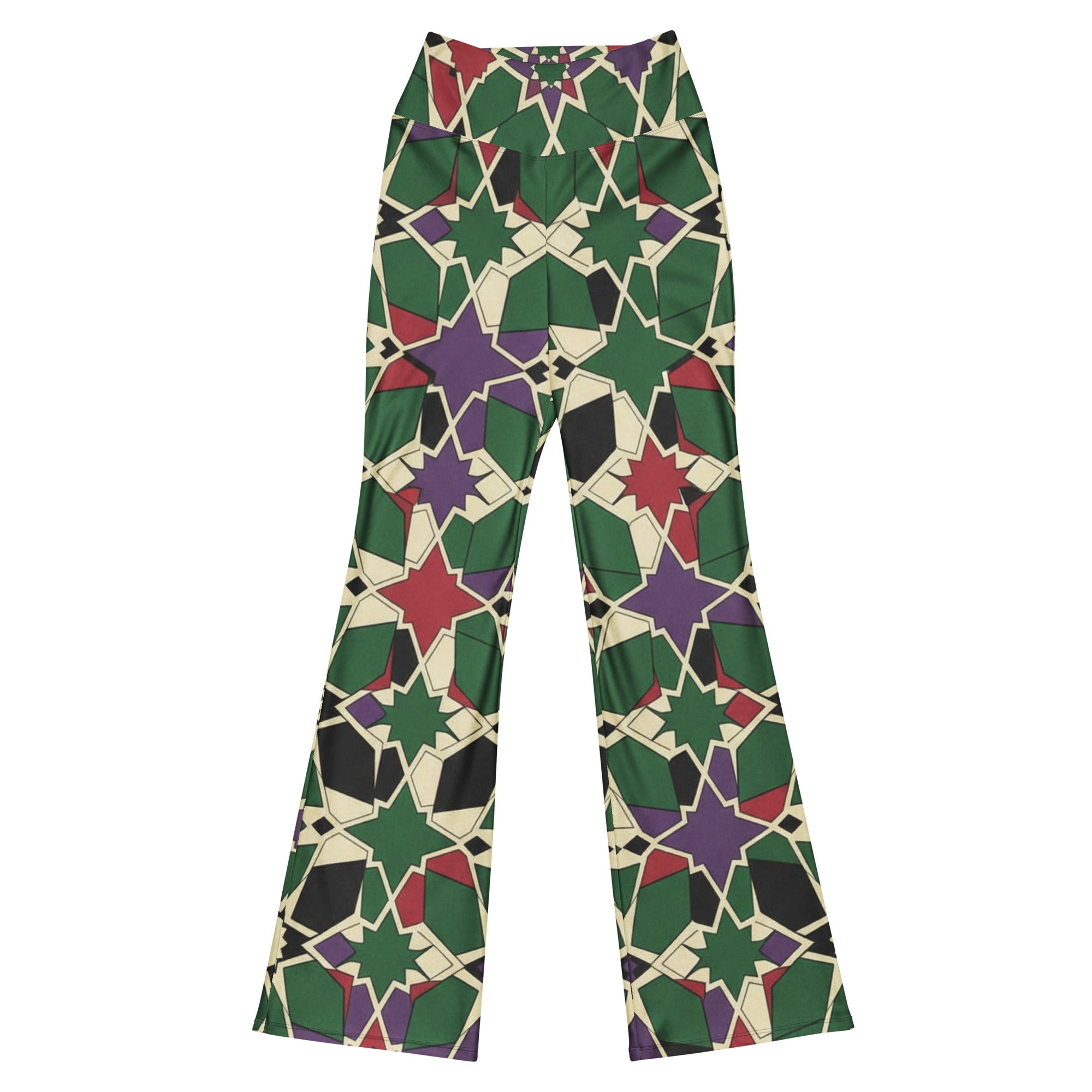 Zellige Forest Berry Flare Leggings from GearBunch. Intricate geometric pattern in forest emerald, ruby crimson, and rich amethyst.
