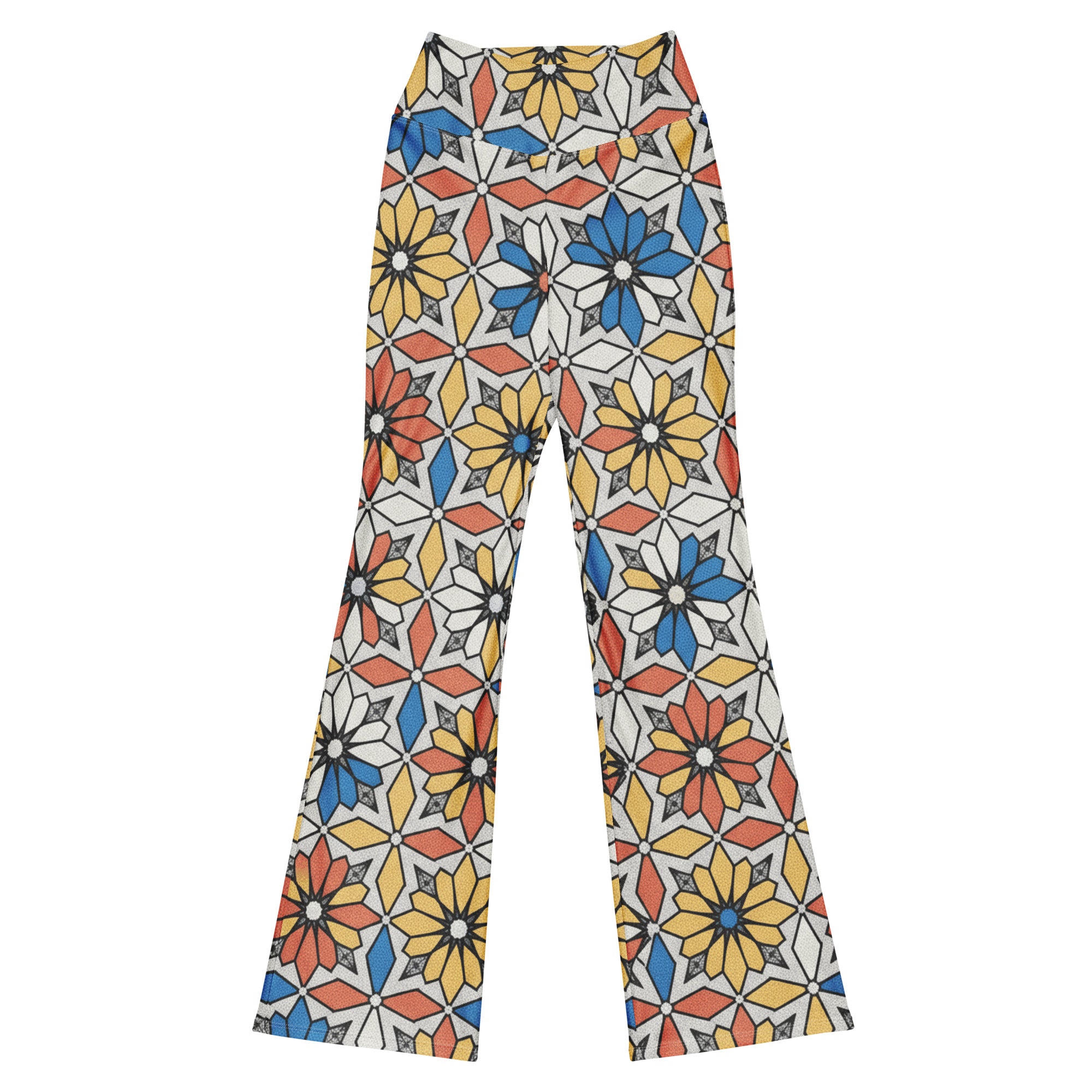 Zellige Marrakech Flare Leggings with intricate geometric pattern in terracotta, cobalt, yellow, white, and black. GearBunch Flare Leggings.