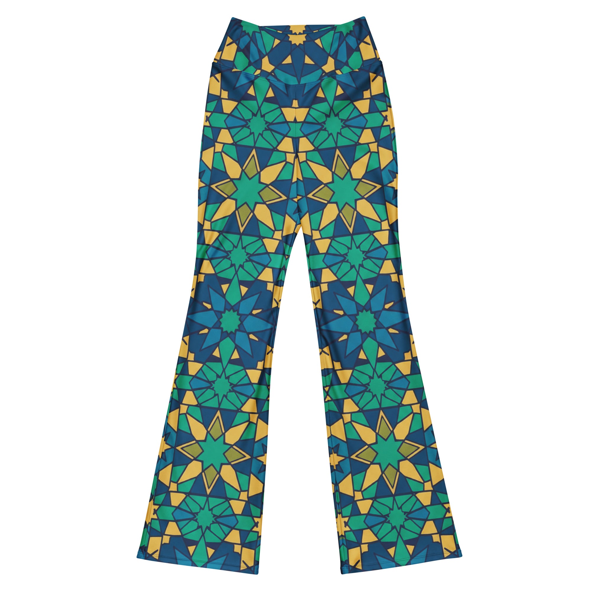 Close-up of a model wearing Zellige Peacock Flare Leggings by GearBunch, showing the intricate geometric pattern in blue, green, and gold.