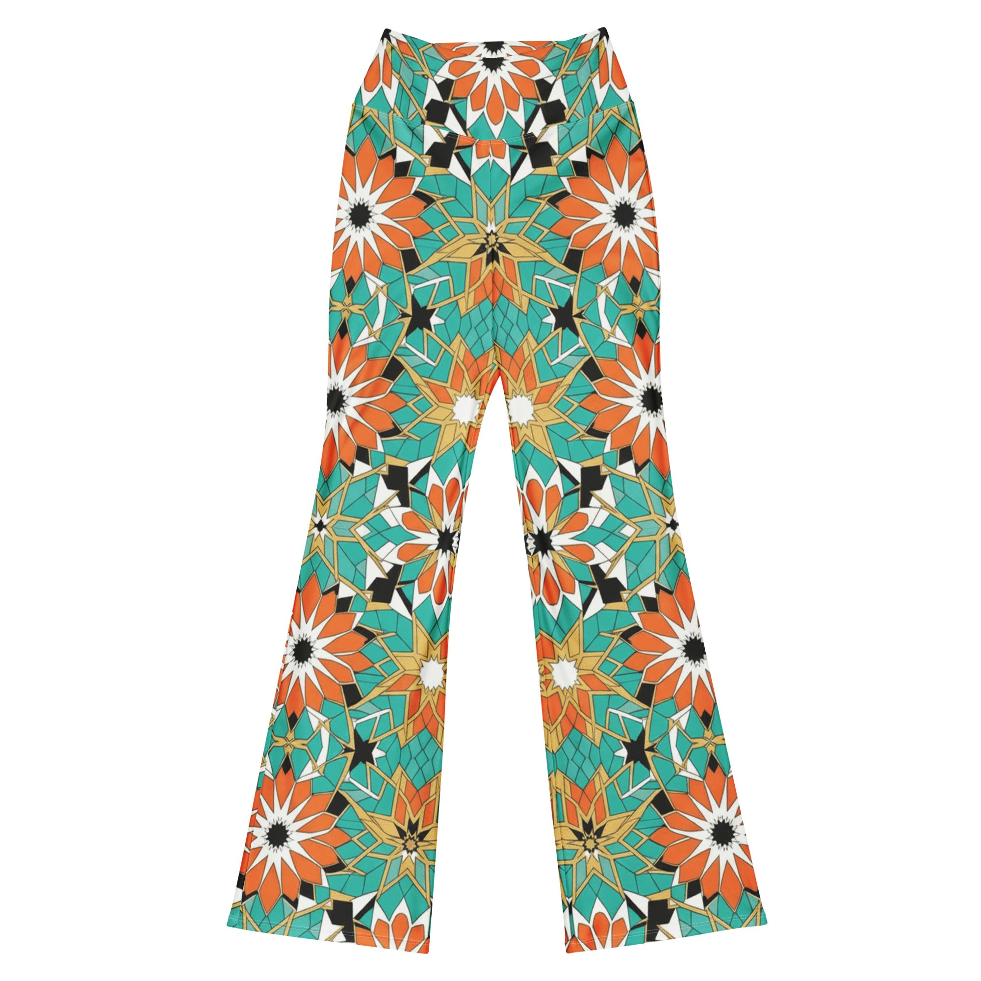 GearBunch Zellige Turquoise Coral Flare Leggings featuring an intricate geometric star and rosette pattern in turquoise, coral, white, black, and amber.