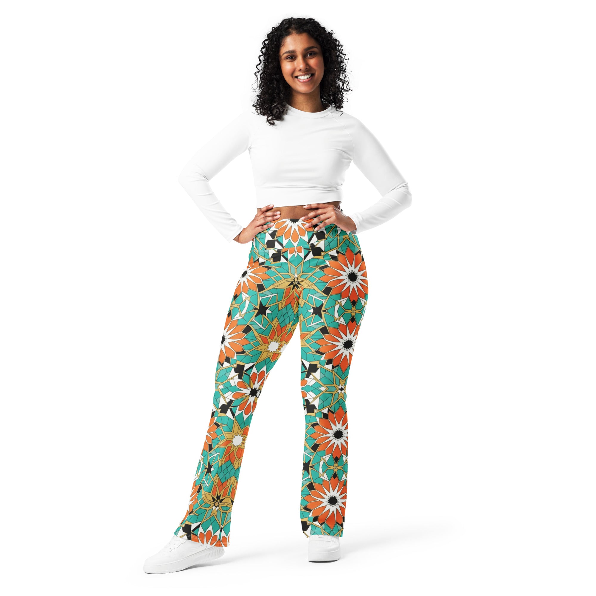 Zellige Turquoise Coral Flare Leggings | GearBunch