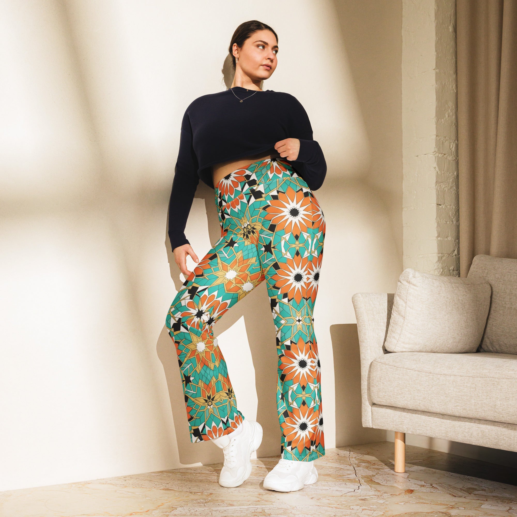 Zellige Turquoise Coral Flare Leggings | GearBunch