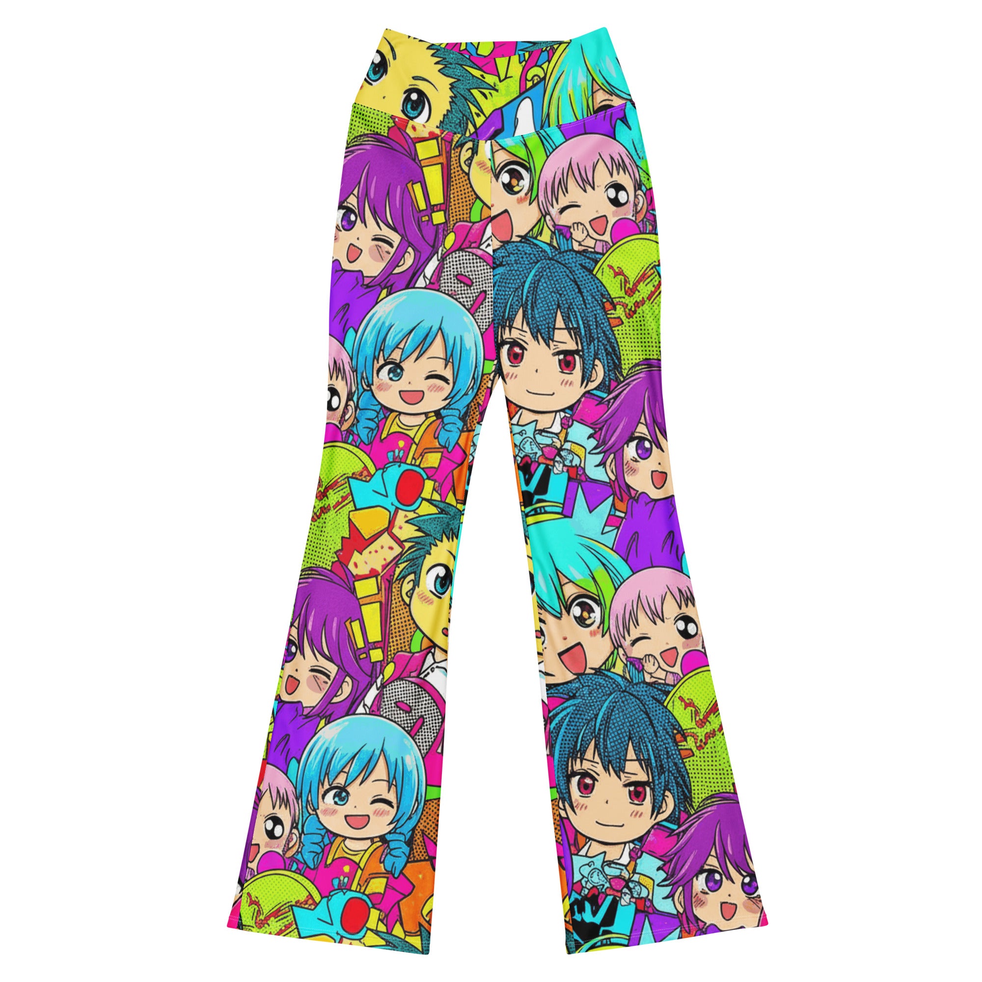 Vibrant Anime Collage Chibi Party GearBunch Flare Leggings featuring bold original character art and neon colors.