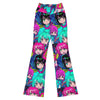 GearBunch Anime Collage Cyberpunk Flare Leggings for women. Vibrant neon anime faces, manga elements in electric green, hot pink.