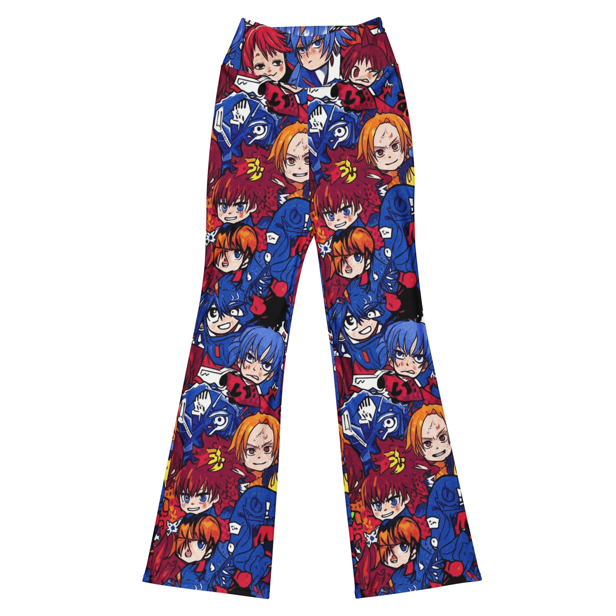 Vibrant Anime Collage Dark Shonen Flare Leggings by GearBunch, featuring original high-contrast anime character art.