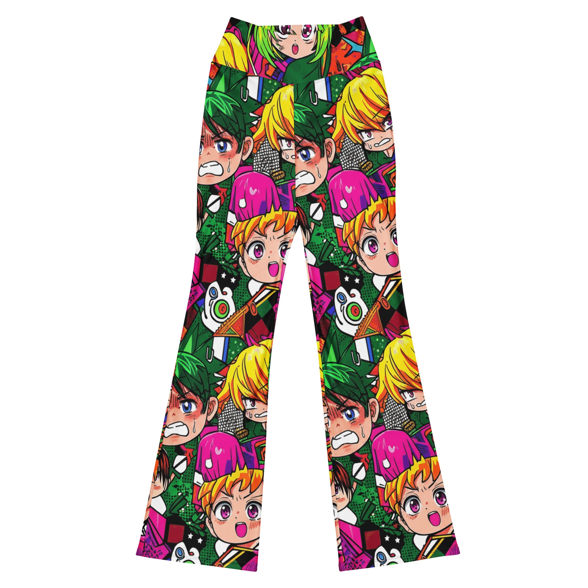Vibrant anime collage print Flare Leggings by GearBunch, featuring original characters in neon bright colours.