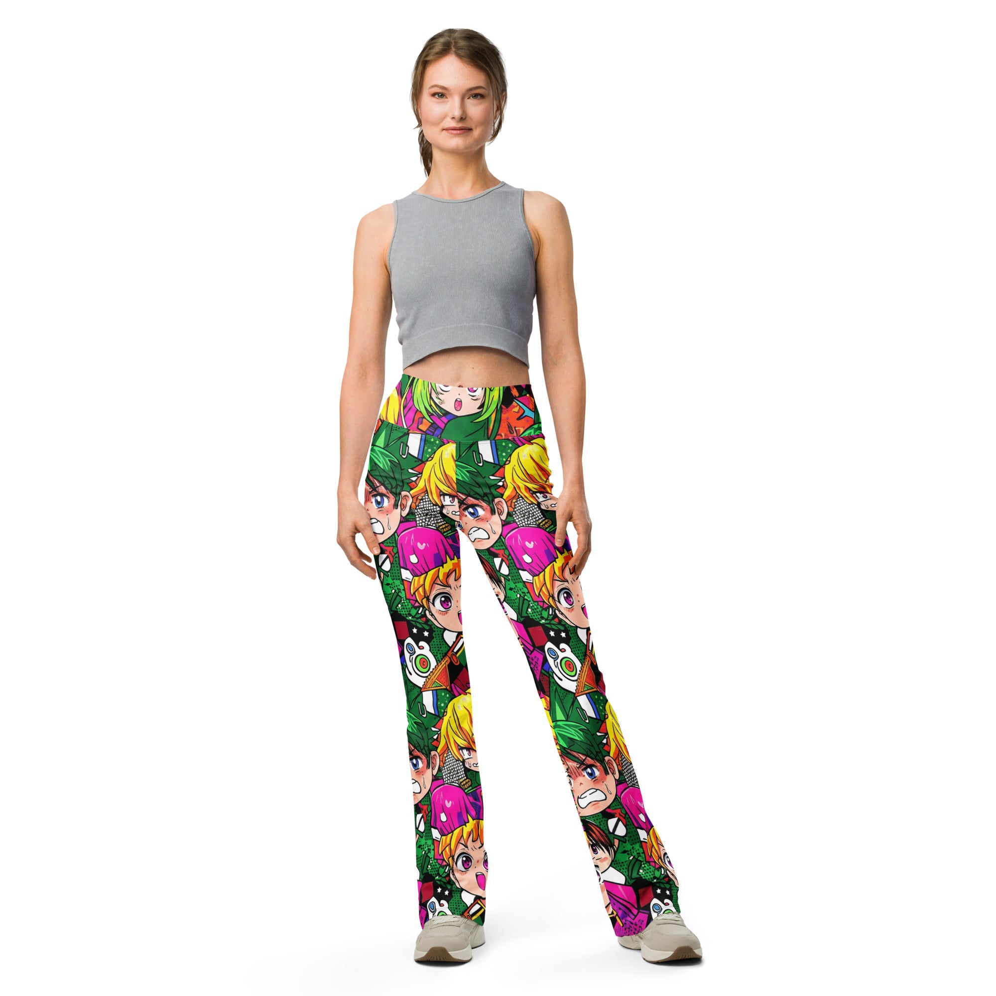 Vibrant Anime Collage Flare Leggings | GearBunch