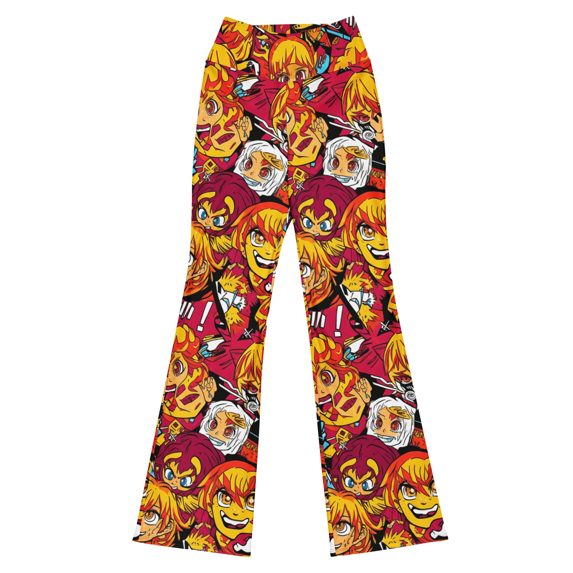 GearBunch Anime Collage Fire Spirit Flare Leggings featuring bold anime characters and fiery colors for dynamic activewear.