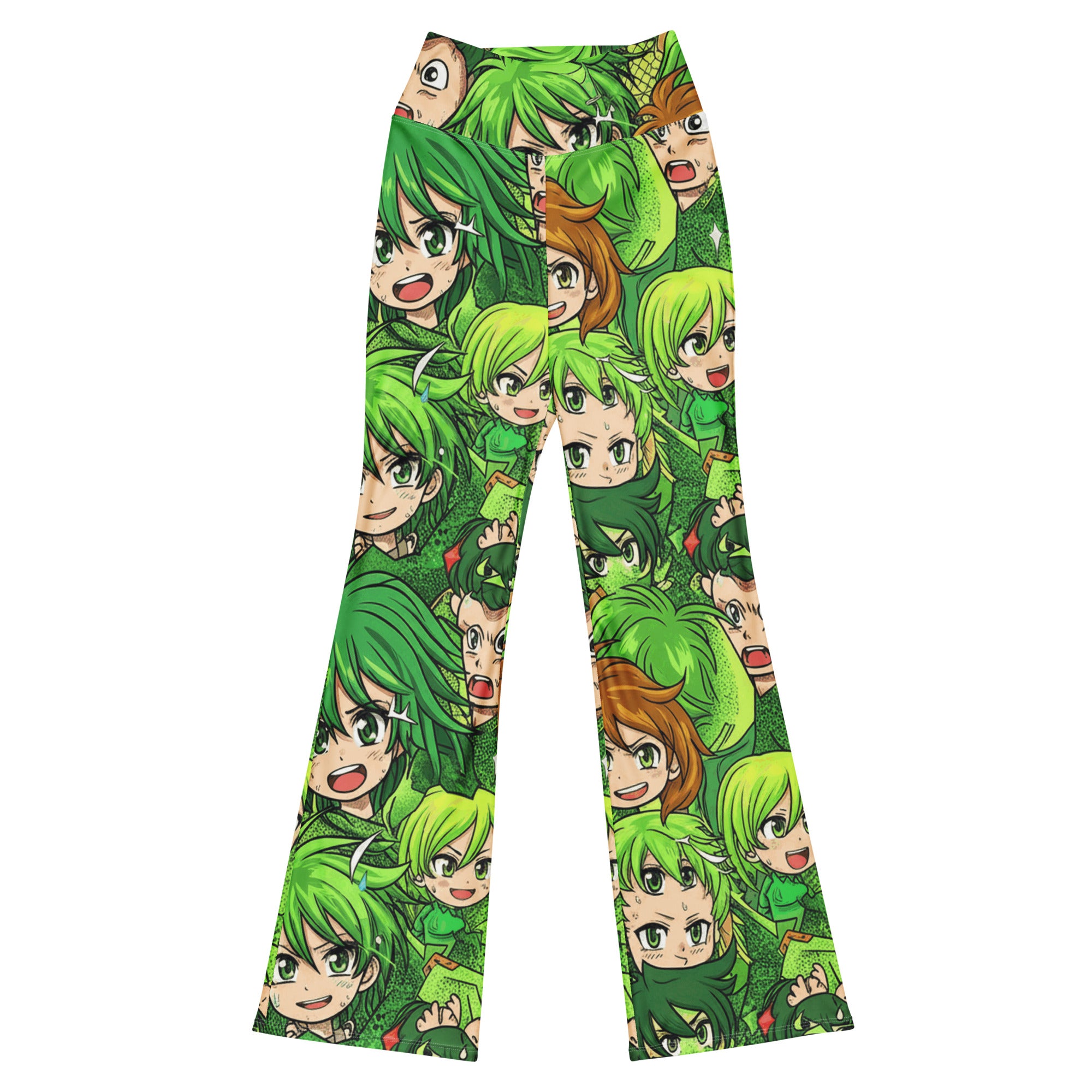 Full-body view of GearBunch Anime Collage Forest Spirit Flare Leggings, showing vibrant anime-style print.