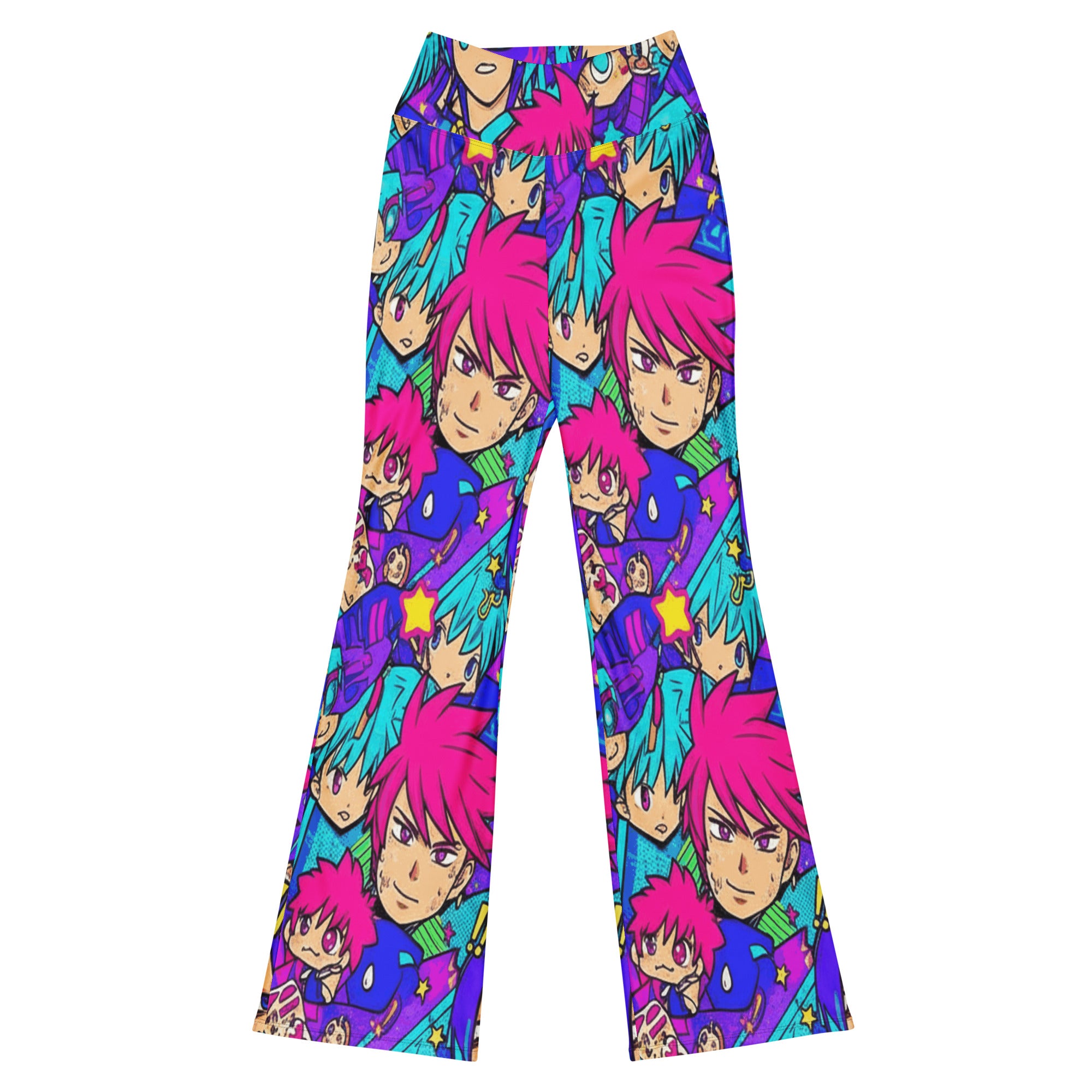 Vibrant Anime Collage Galaxy Hero Flare Leggings from GearBunch. Dynamic print with electric purple, hot pink, and gold.