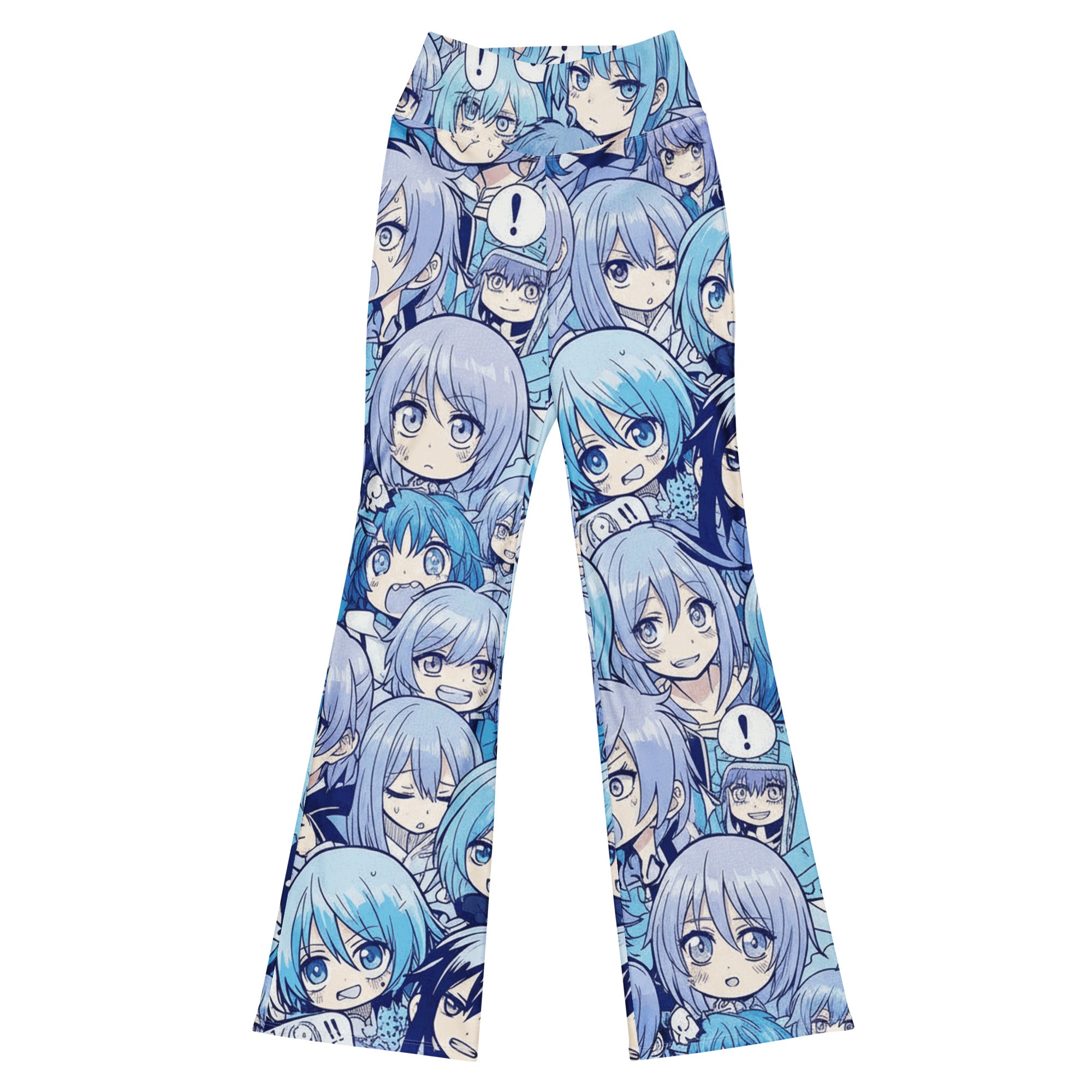 GearBunch Anime Collage Ice Kingdom Flare Leggings with vibrant anime faces in icy blues and white.