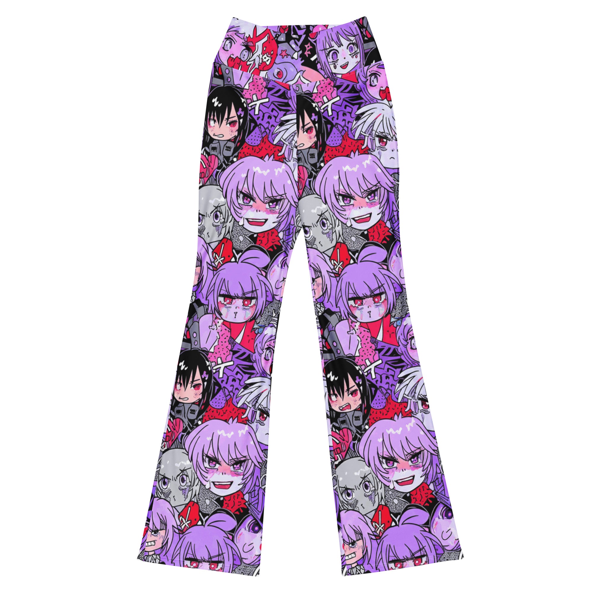 A full-length shot of a person wearing vibrant Anime Collage Kawaii Goth GearBunch Flare Leggings with neon colours.