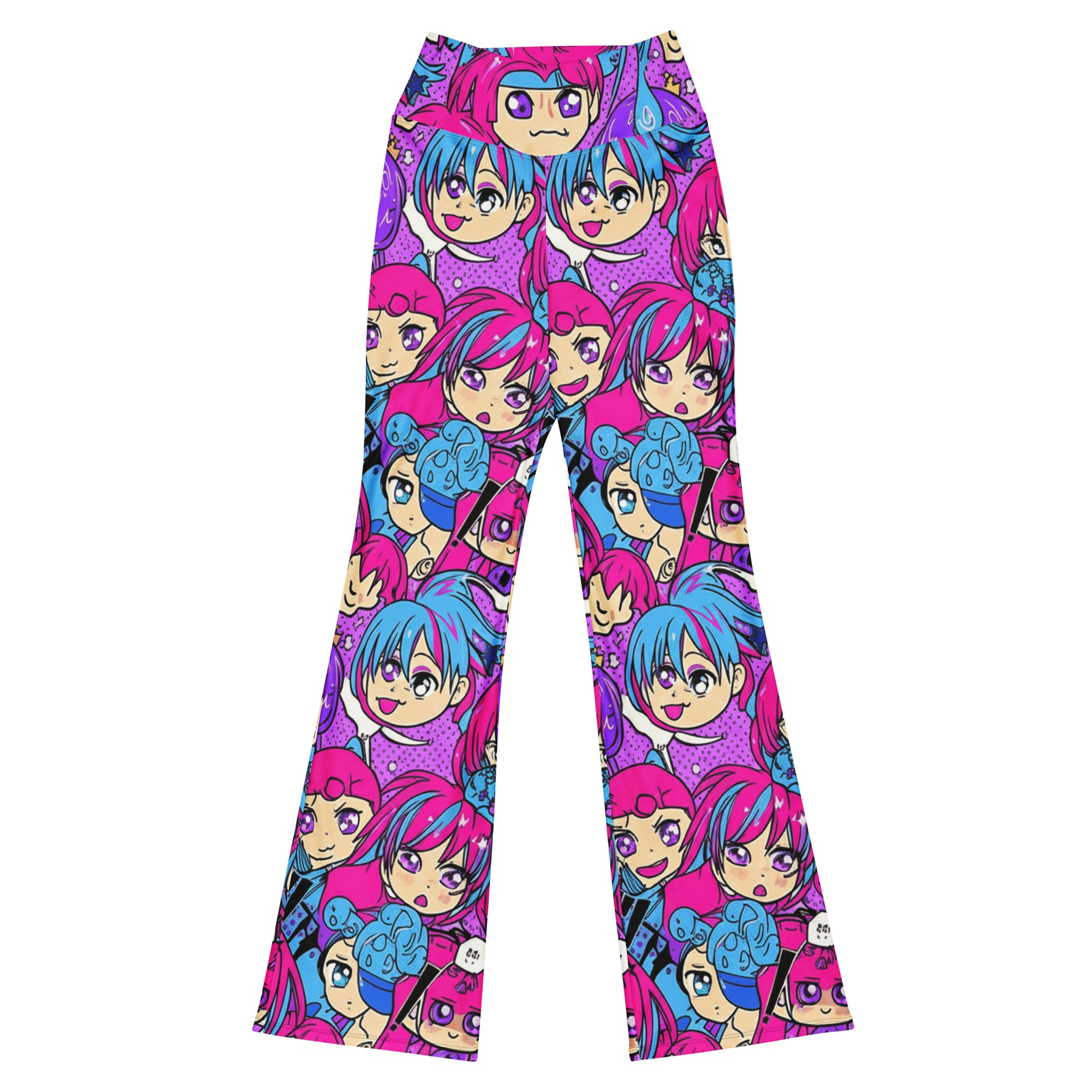 Anime Collage Mecha Pilot Flare Leggings for women, featuring a vibrant, high-contrast, anime-inspired design by GearBunch.