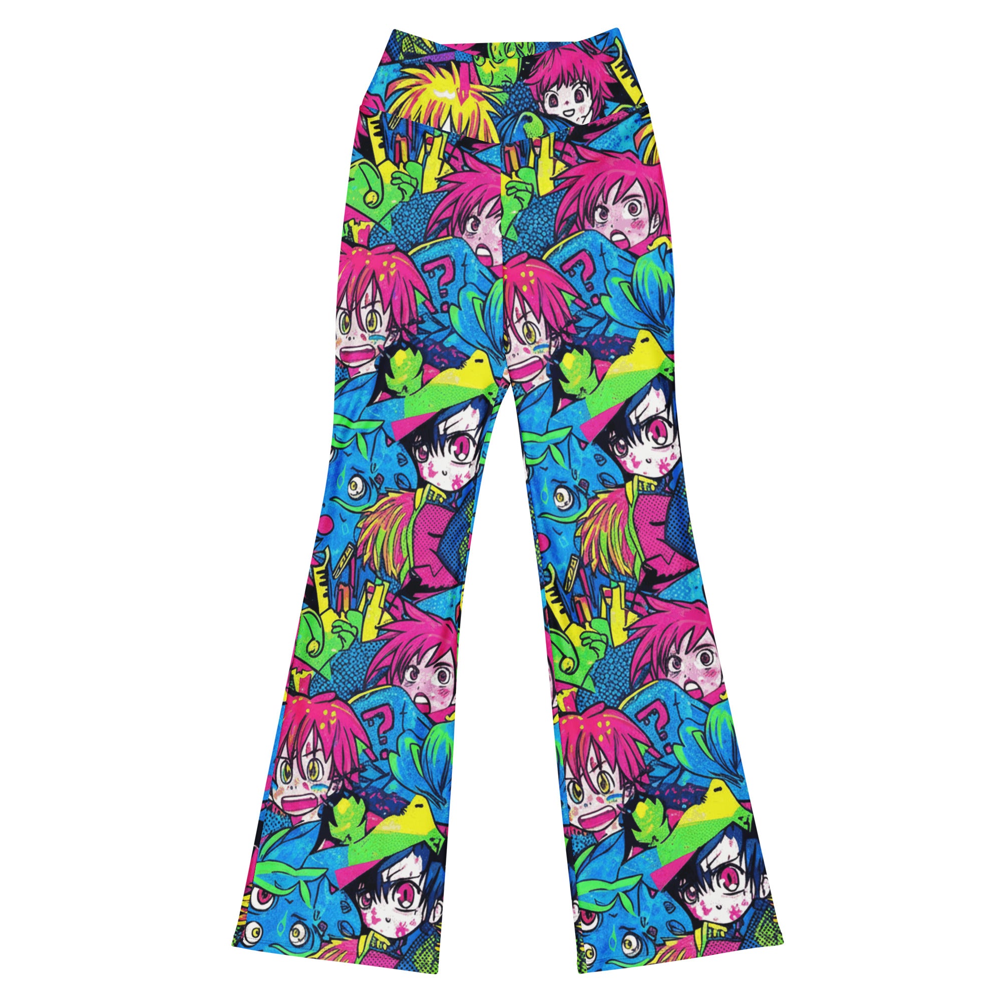 Vibrant Anime Collage Neon Tokyo Flare Leggings from GearBunch, featuring dynamic characters and electric colors for a bold look.