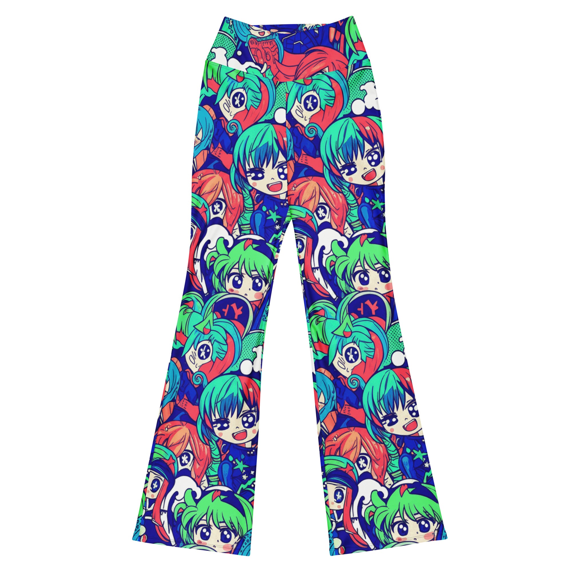 GearBunch Anime Collage Ocean Wave Flare Leggings, featuring vibrant anime-style characters and dynamic ocean elements.