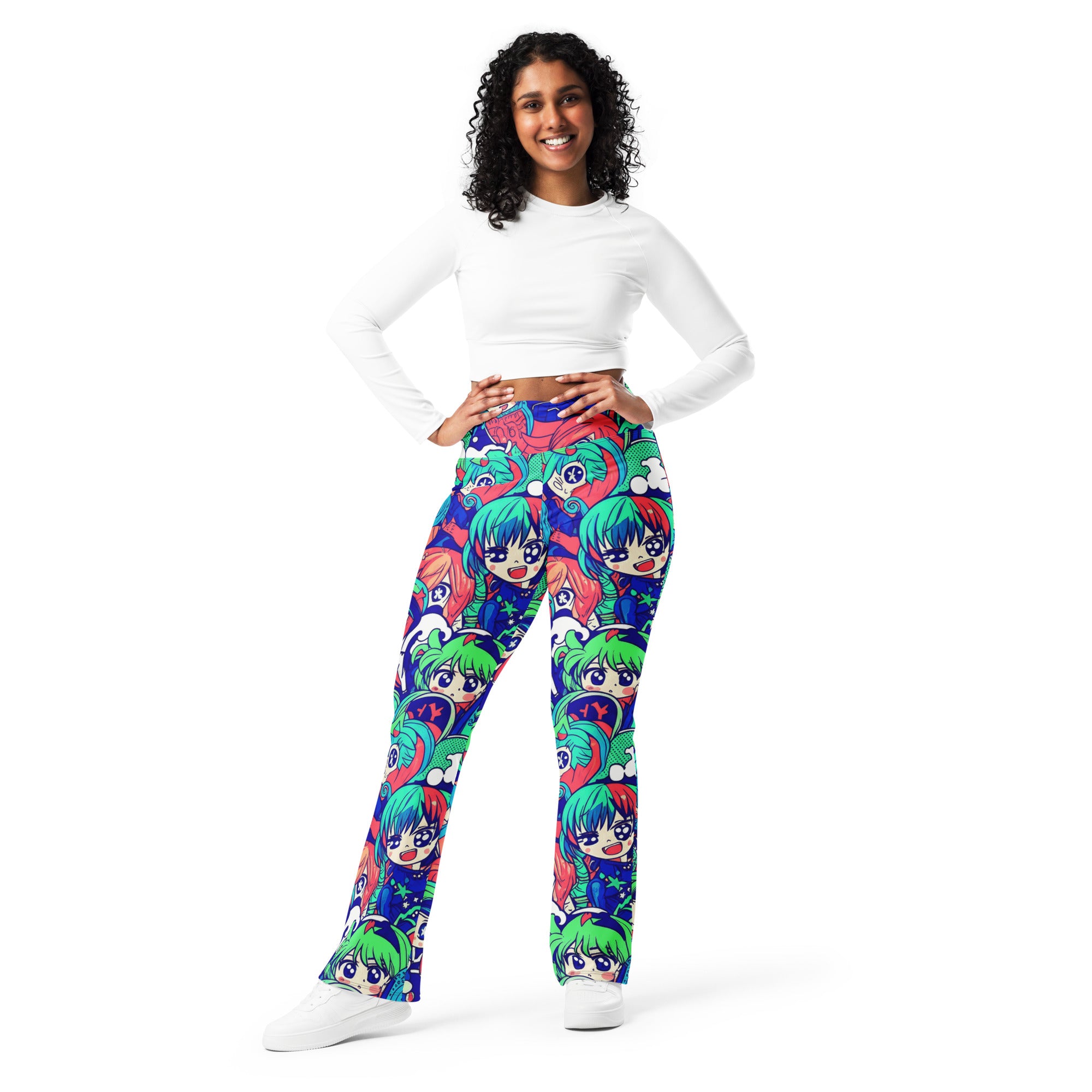 Anime Collage Ocean Wave Flare Leggings | GearBunch